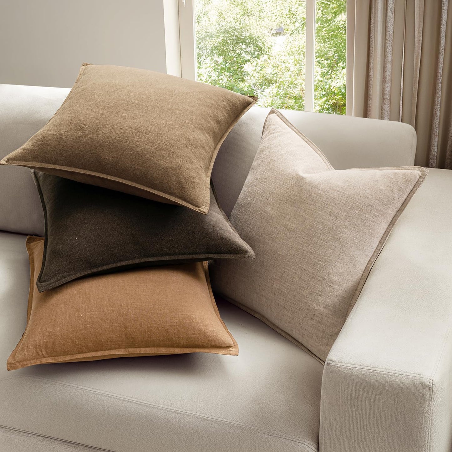 Linen Pillow Covers Decorative Natural Fall Throw Pillow Covers / 18 x 18 / Neutral Brown / Set of 4