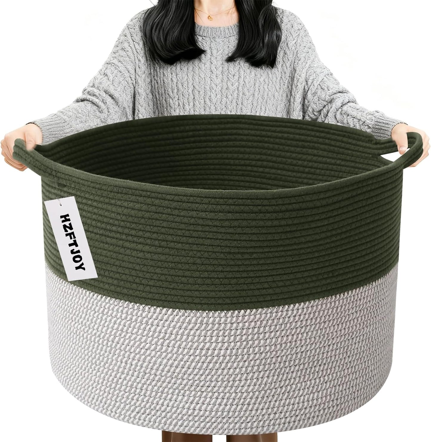 90L Extra Large Blanket Basket,Woven Laundry Basket-Green&White
