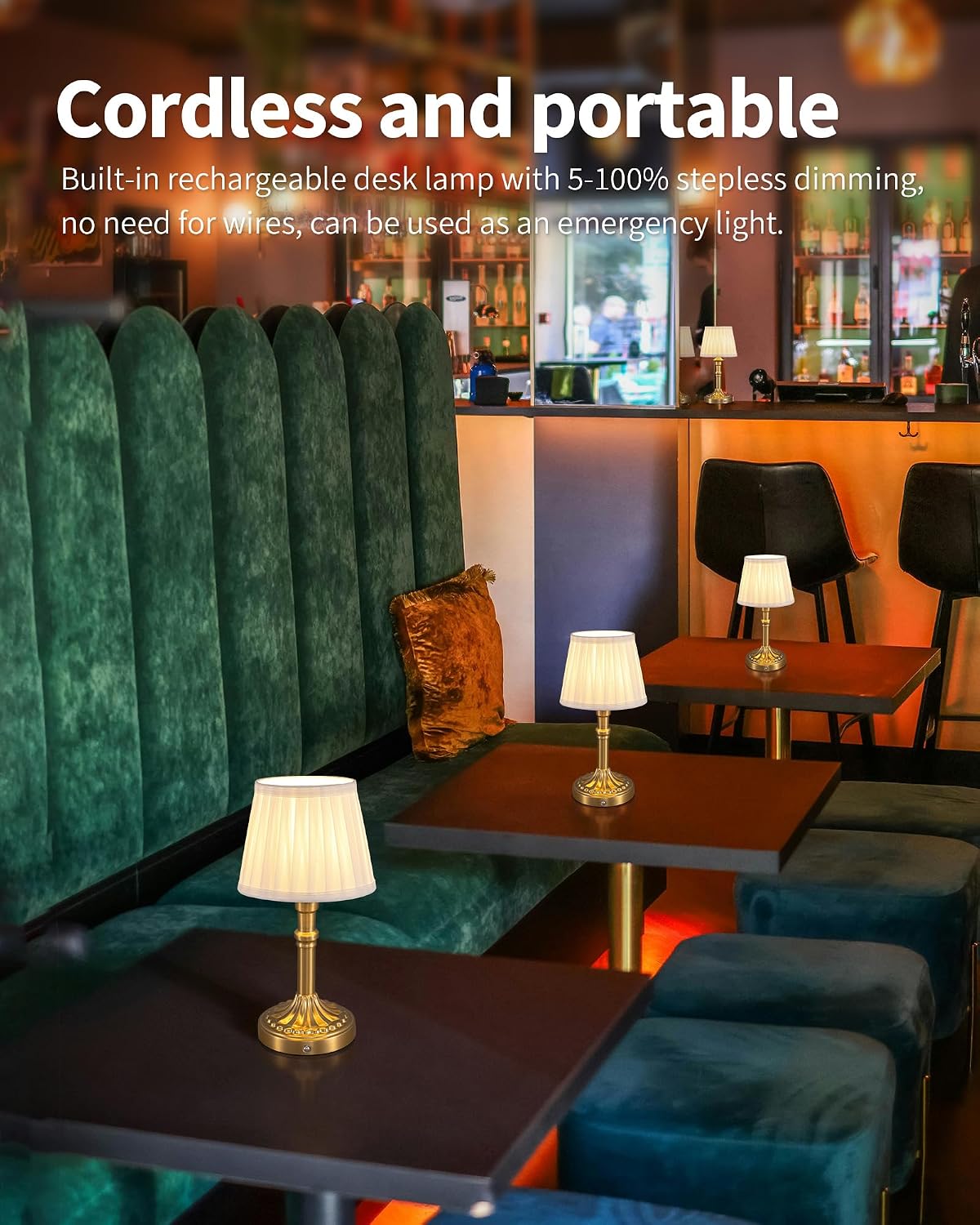 KDG Gold Cordless Portables Table Lamp, Beige Fabric Shade Small Desk Lamp | 4000mAh Battery Powered, LED Lighting