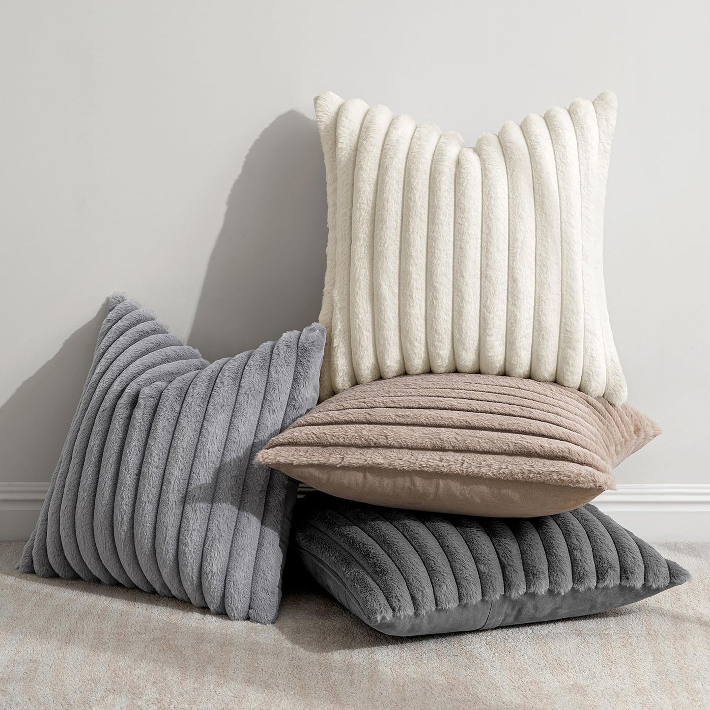 Faux Fur Plush Decorative Throw Pillow Covers / 18 x 18 / Grey Taupe / Set of 4