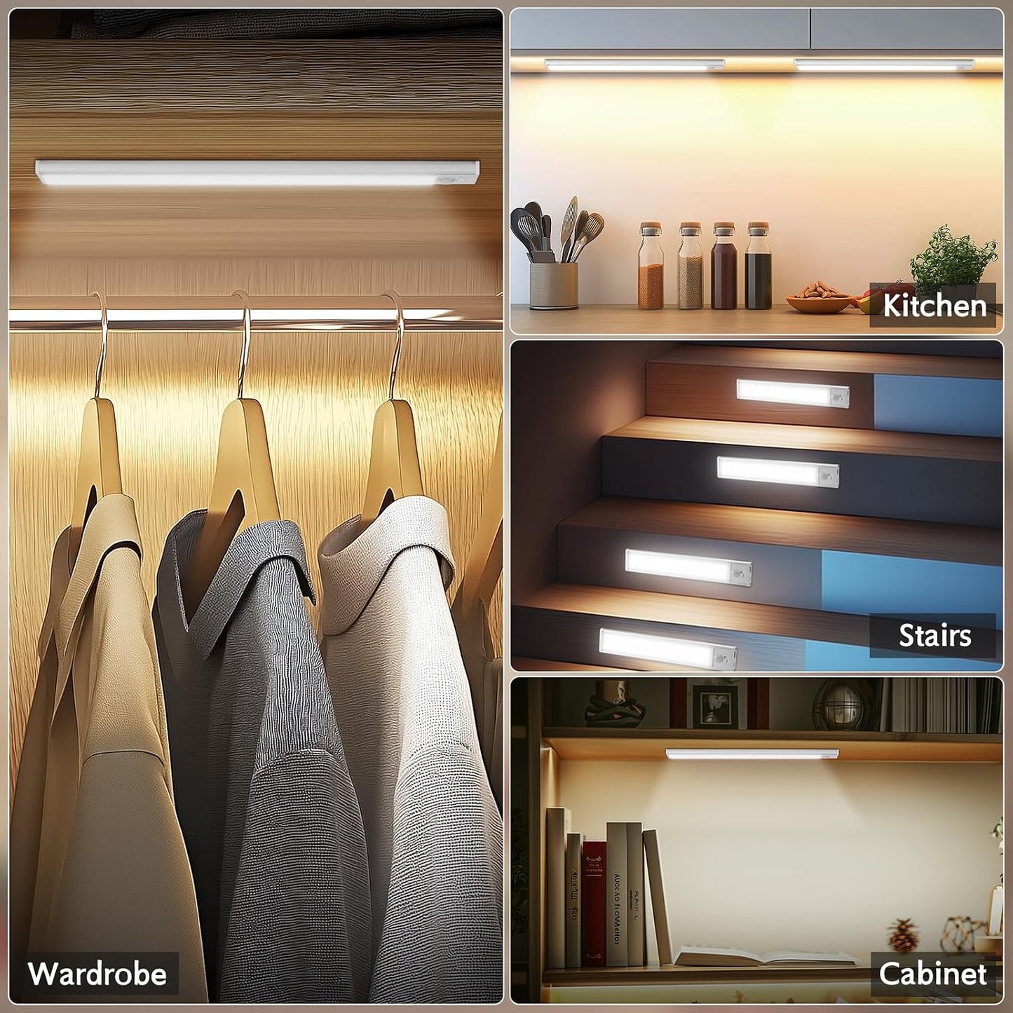 8inch Under Cabinet Lighting Wireless, 4Pack Motion Sensor Light Indoor | Rechargeable, 3 Color Temps, Dimmable, LED