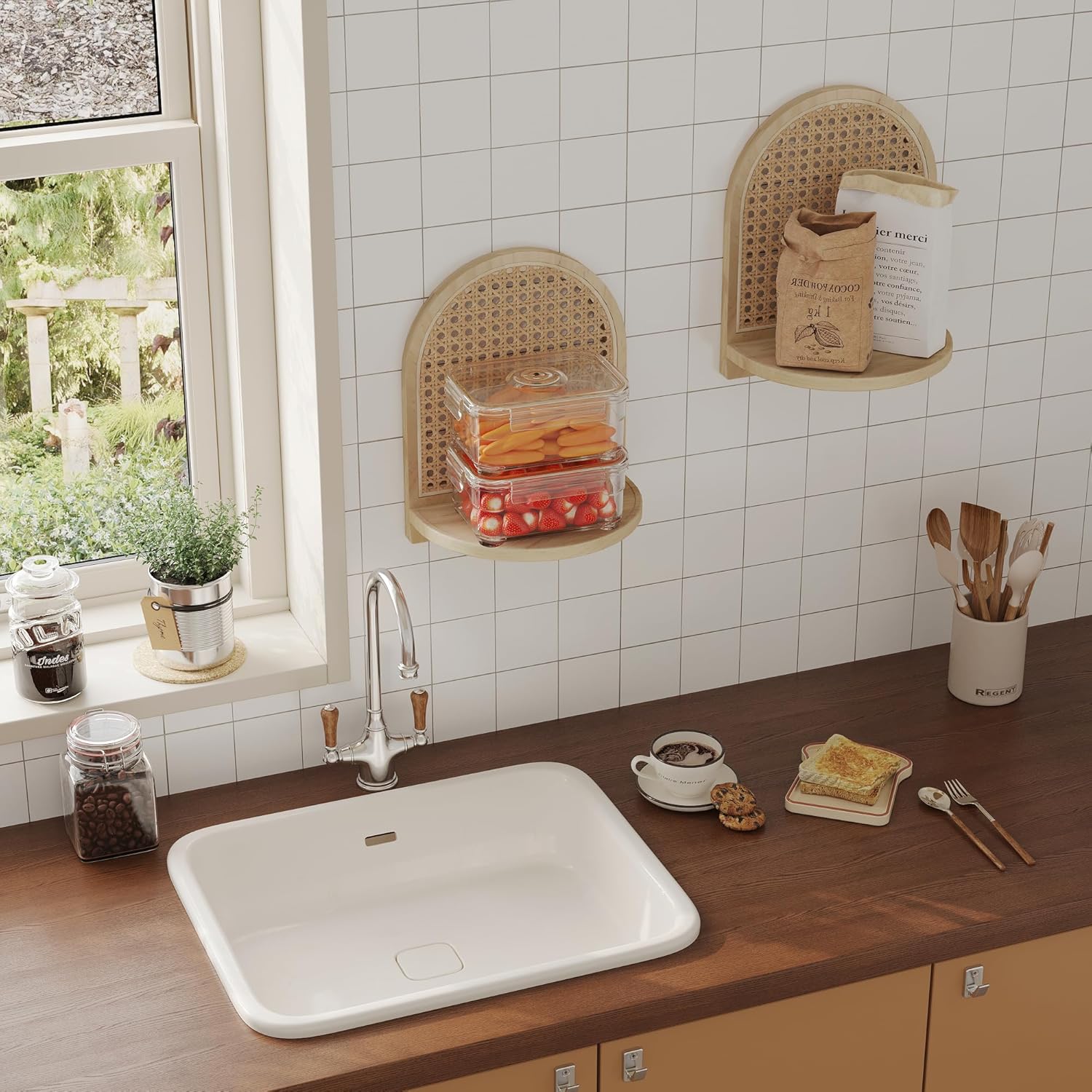 Boho Wall Decor Small Floating Shelf for Plant / Natural / 9.25*5.41*11.61 Inch / Set of 2