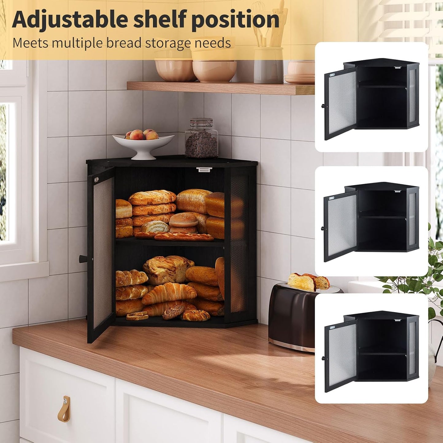 Corner Bread Box for Kitchen Countertop,Bread Storage for Homemade Bread, Double Layer Large Bamboo Kitchen Storage Bin