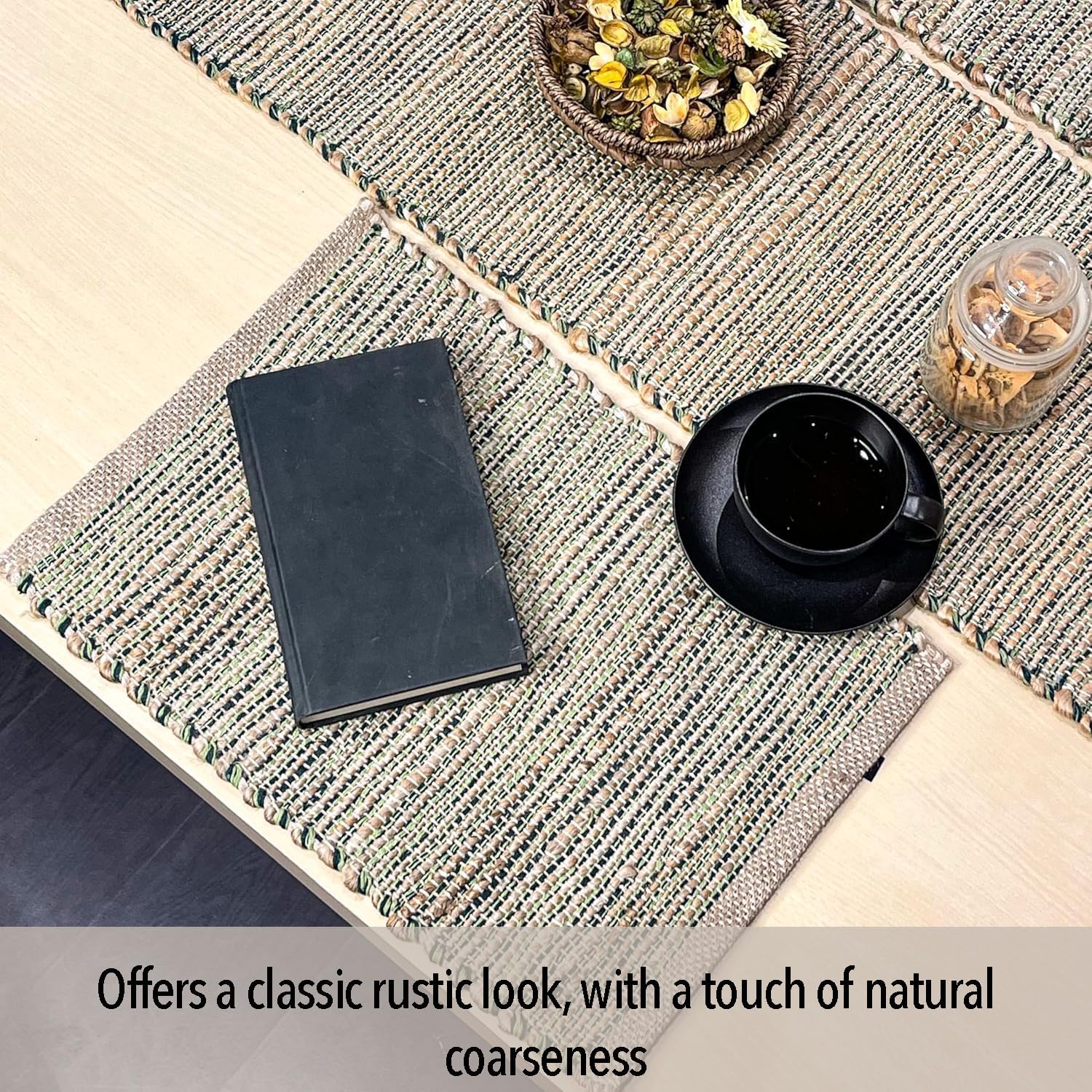 Natural Jute & Green Placemats, Set of 4 – Rustic Handmade Boho Table Mats, 13x19 Inch Dining Table Placemats for