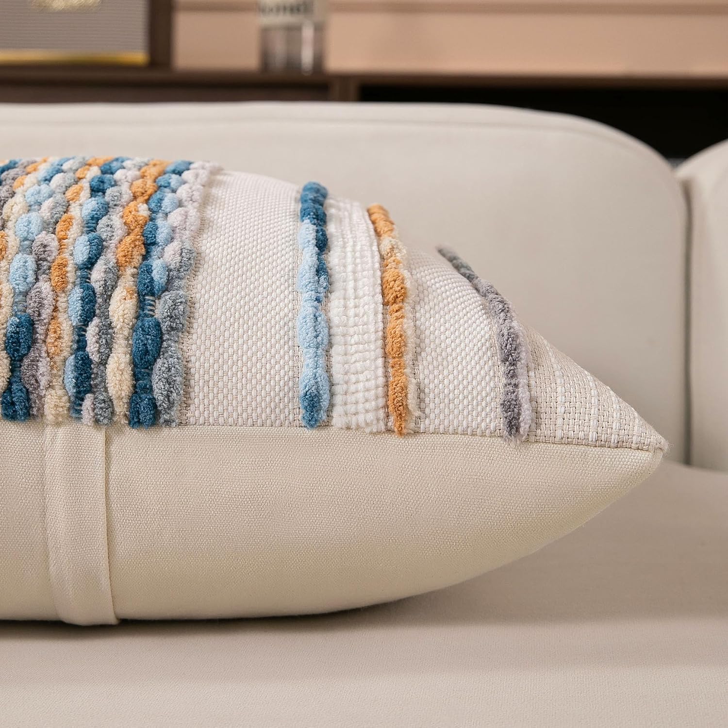 Boho Striped Throw Pillow Covers Farmhouse Square / Caramel Brown Blue / 18 x 18 / Set of 2
