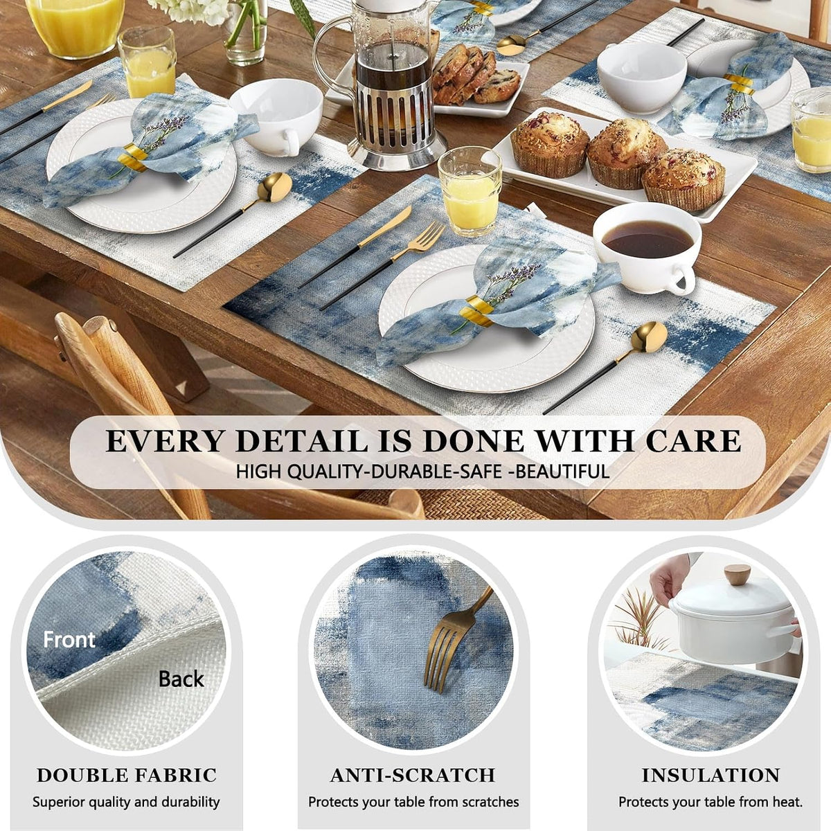 MCALK 4 Each Blue Placemats and Cloth Napkins Set of 8, Modern Abstract Art Painted Placemat for Home Kitchen Decor