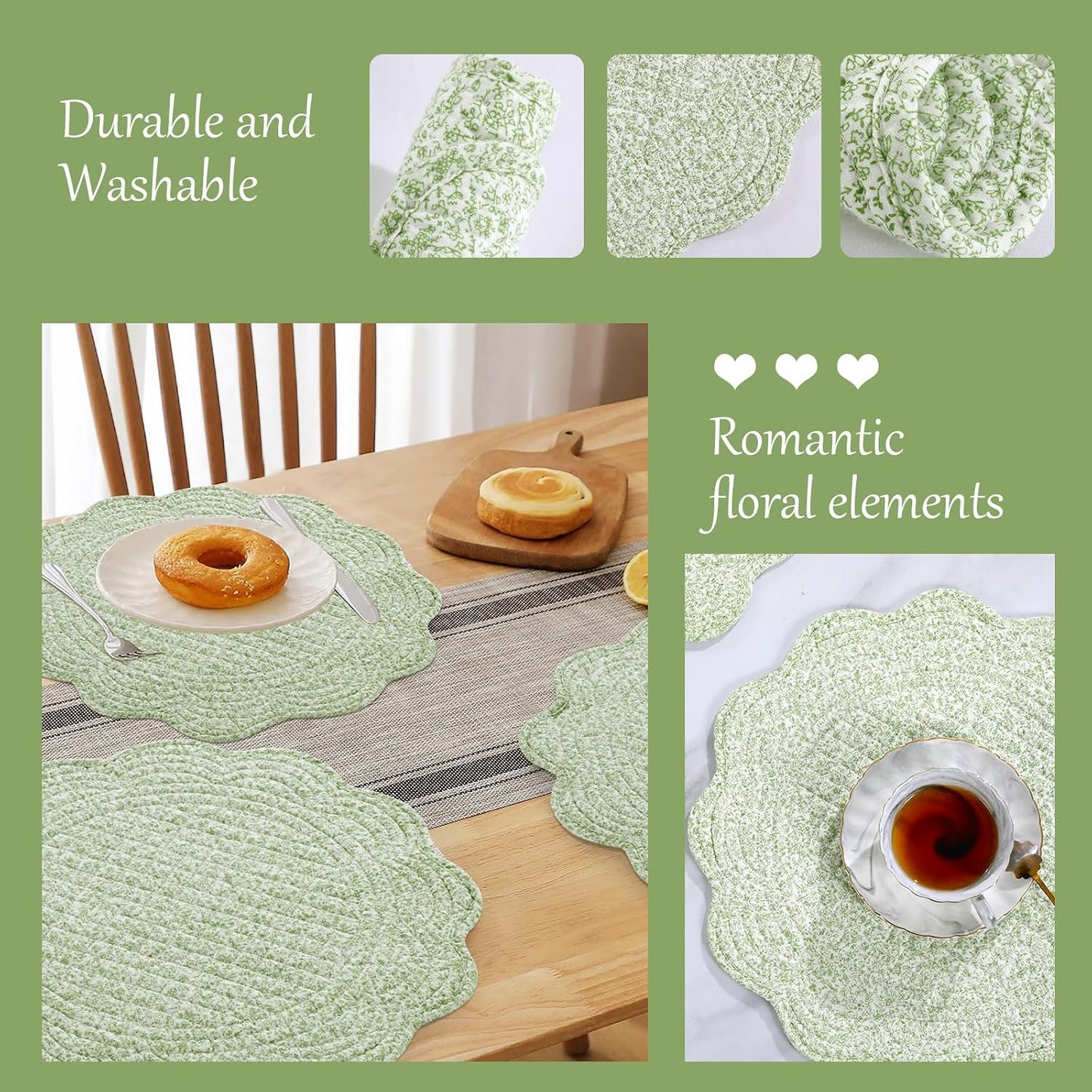 HOMBYS Quilted Placemats Set of 4 Washable Round Placemats for Kitchen Table-100% Cotton Fabric Round Table Mats