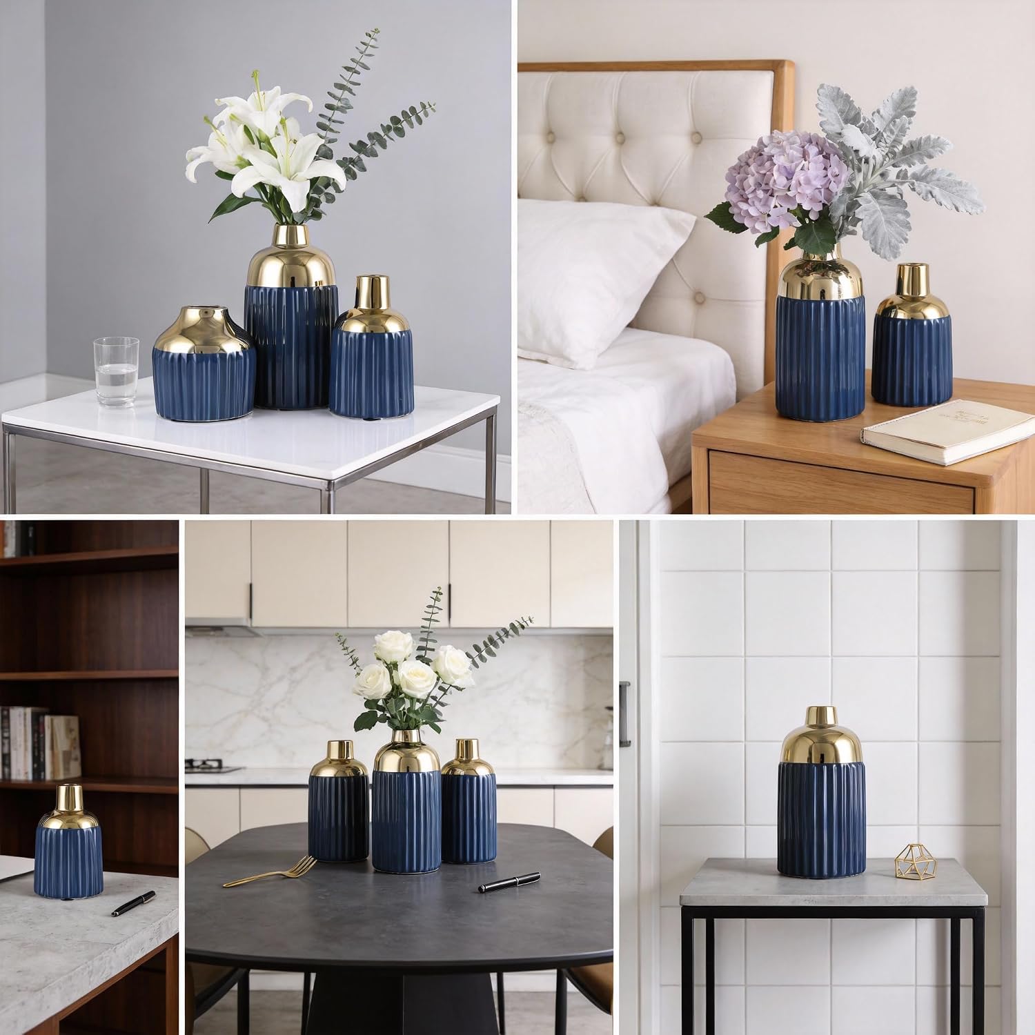 Gold Ceramic Vase 3-Piece Set / Blg / Blue