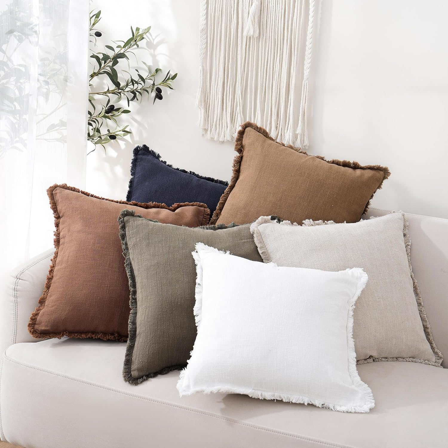 Decorative Linen Fringe Throw Pillow Covers Boho Farmhouse Cushion / 18 x 18 / Brick / Set of 2