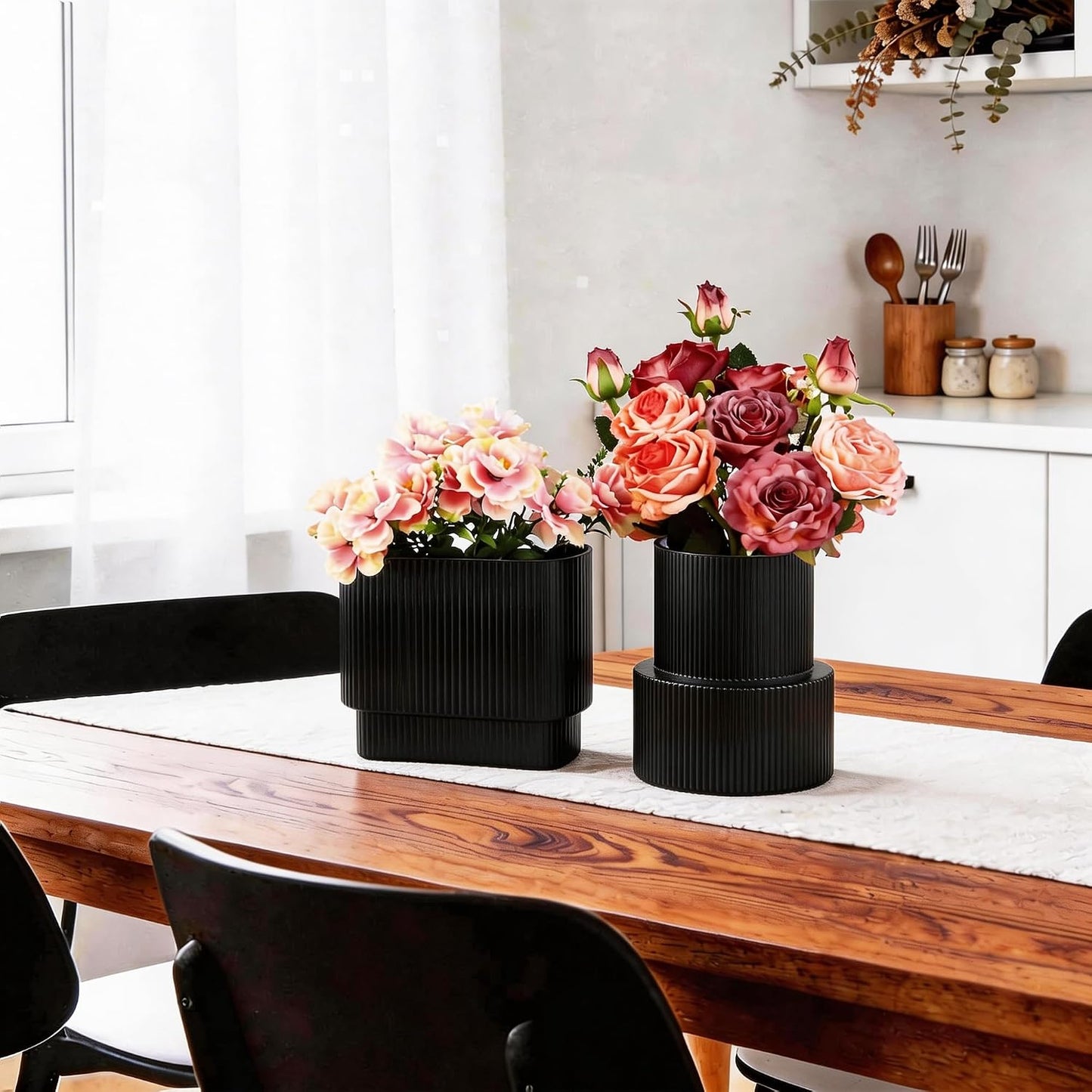 Glass Vases / Modern Vase for Tulips / Black / Ribbed + Oval / Set of 2