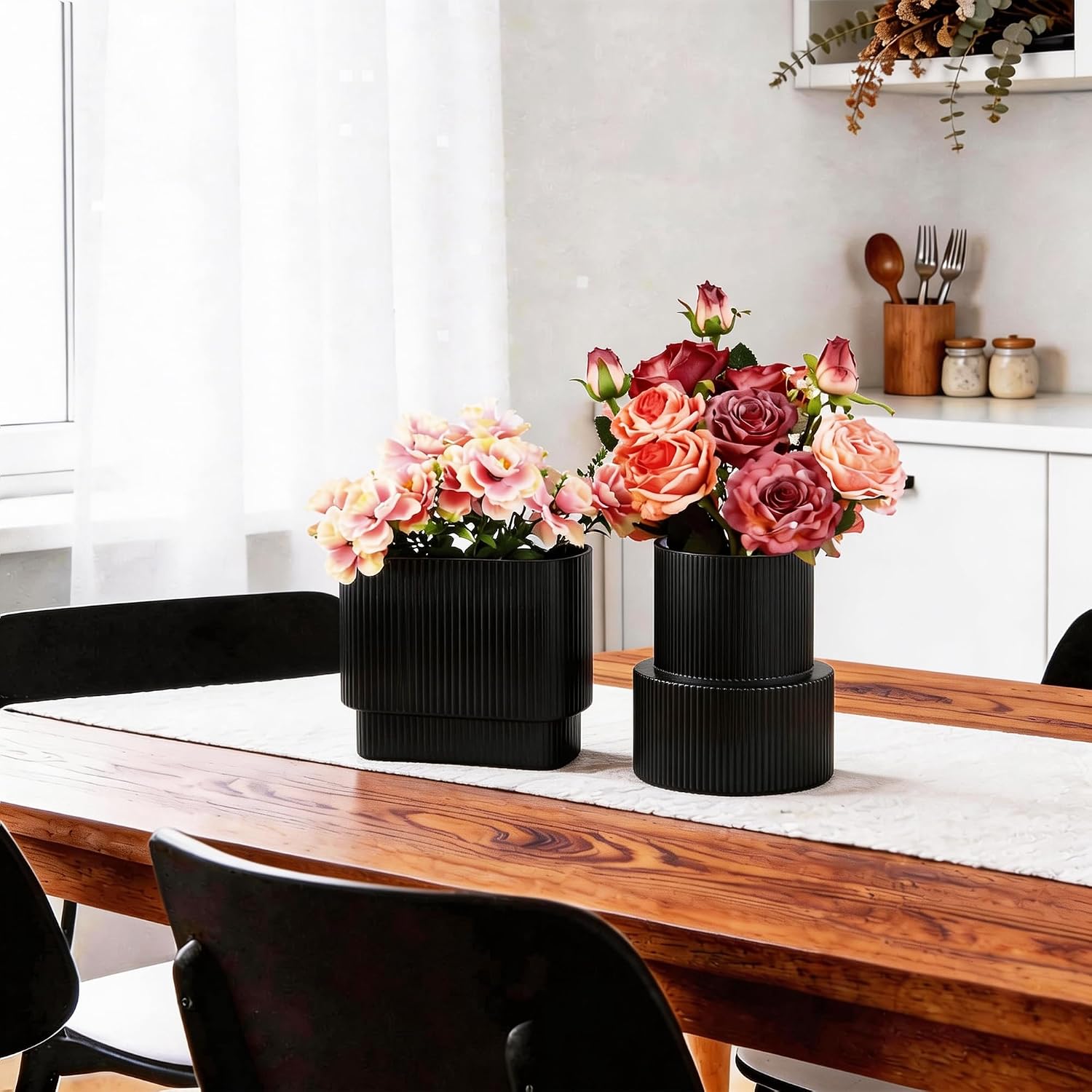 Glass Vases / Modern Vase for Tulips / Black / Ribbed + Oval / Set of 2