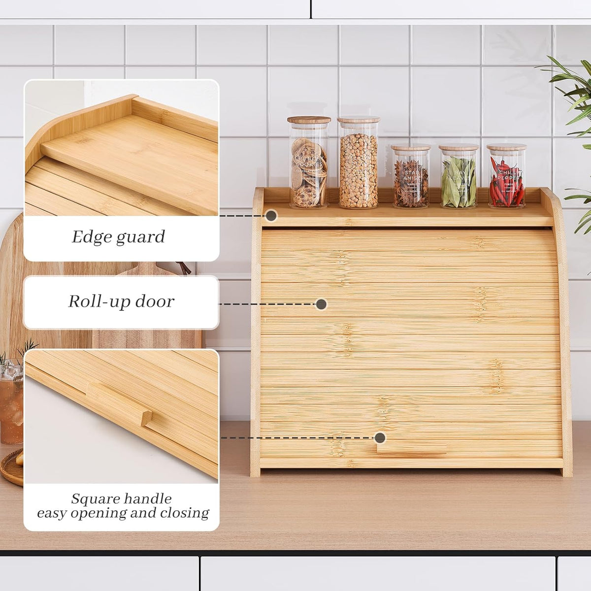 Kitsanery Bread Box for Kitchen Countertop, Bamboo Bread Storage, Double-Layer Roll-Top Bread Container, Farmhouse