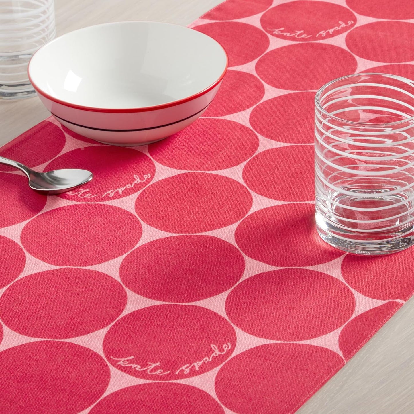 kate spade new york in The Loop & Joy Dot Reversible Table Runner, 100% Cotton, Machine Washable, Rose Pink/Red