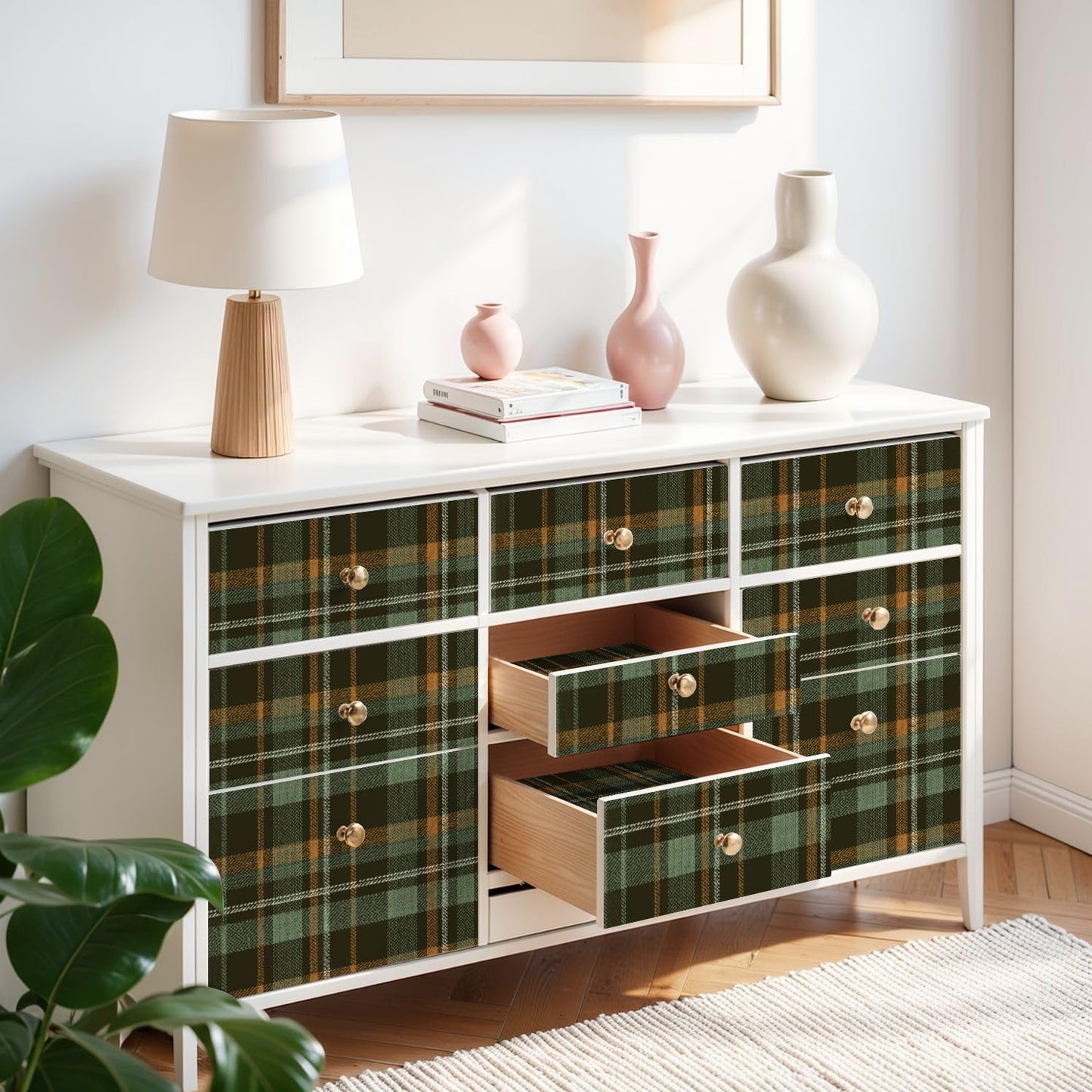 Peel and Stick Wallpaper Plaid green Herringbone textured seamless / Multi8 / 24 x 118 / Brown