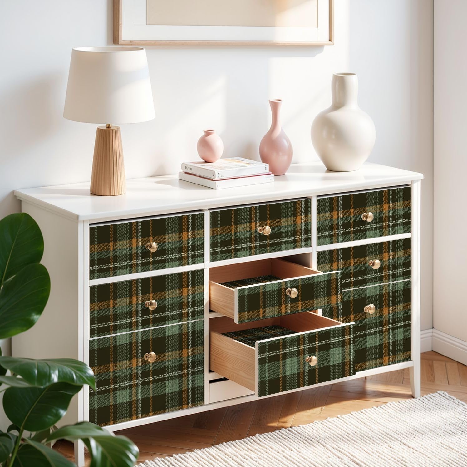 Peel and Stick Wallpaper Plaid green Herringbone textured seamless / Multi8 / 24 x 118 / Brown