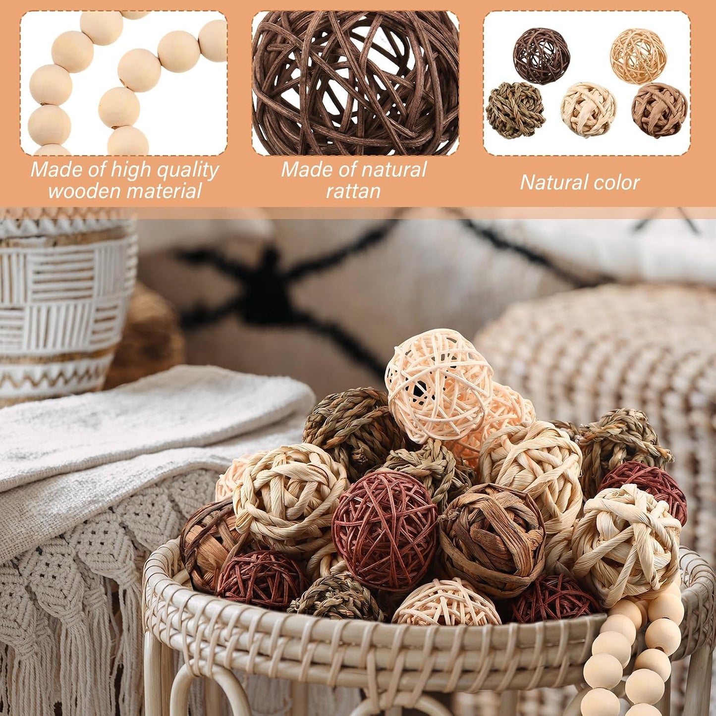 Wood Bead Garland Centerpiece Bowls Orbs Vase Fillers / Brown / 30.3 Inch / Set of 31
