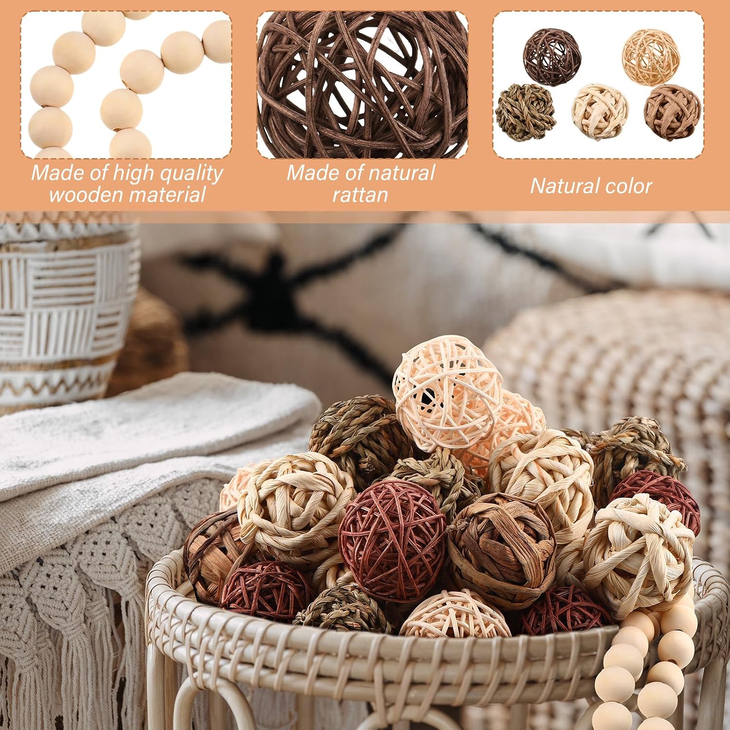 Wood Bead Garland Centerpiece Bowls Orbs Vase Fillers / Brown / 30.3 Inch / Set of 31