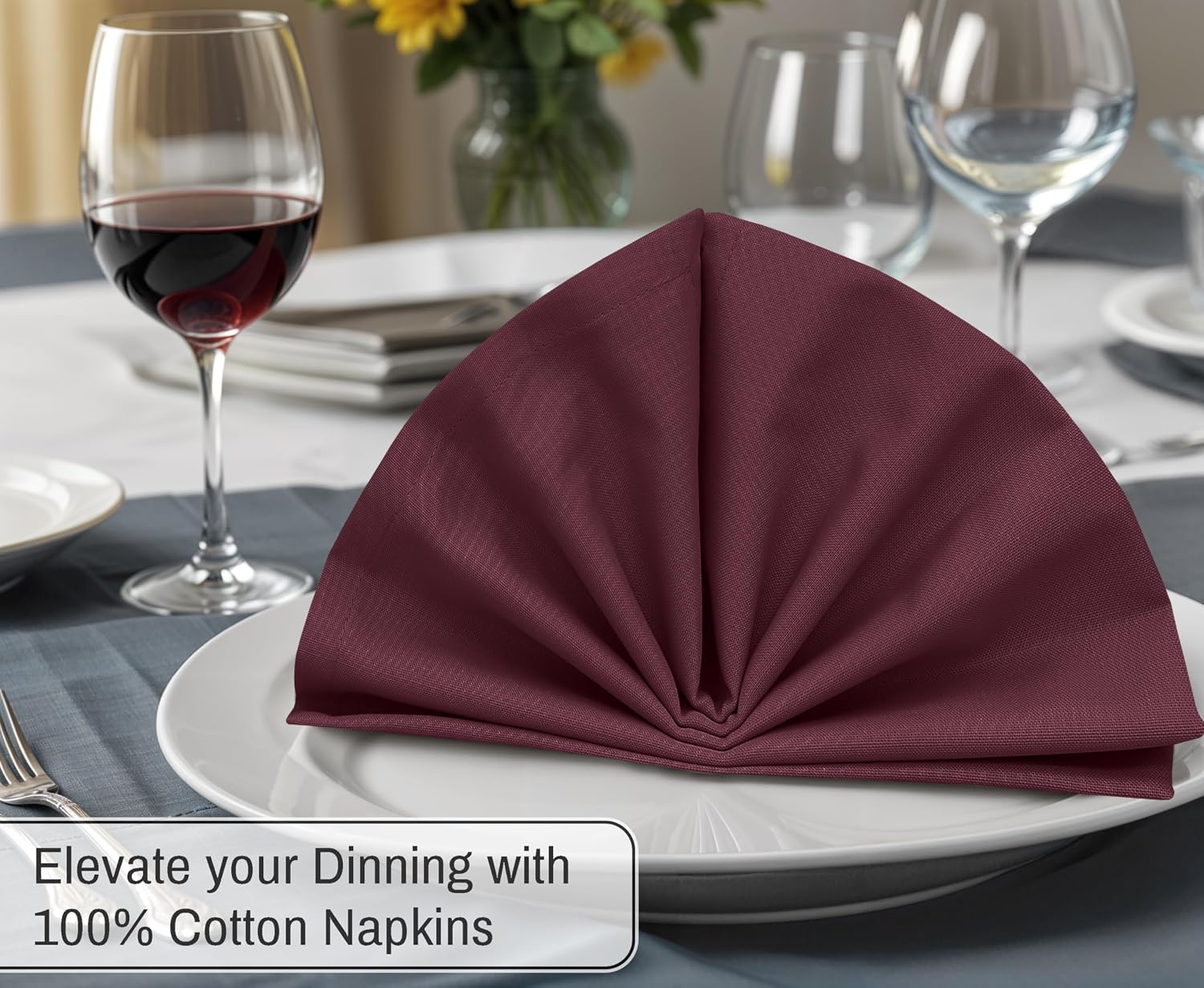 Ruvanti Cloth Napkins Set of 12, 100% Cotton 18”x18” - Burgundy | Washable, Soft, Durable & Absorbent Everyday Napkins.