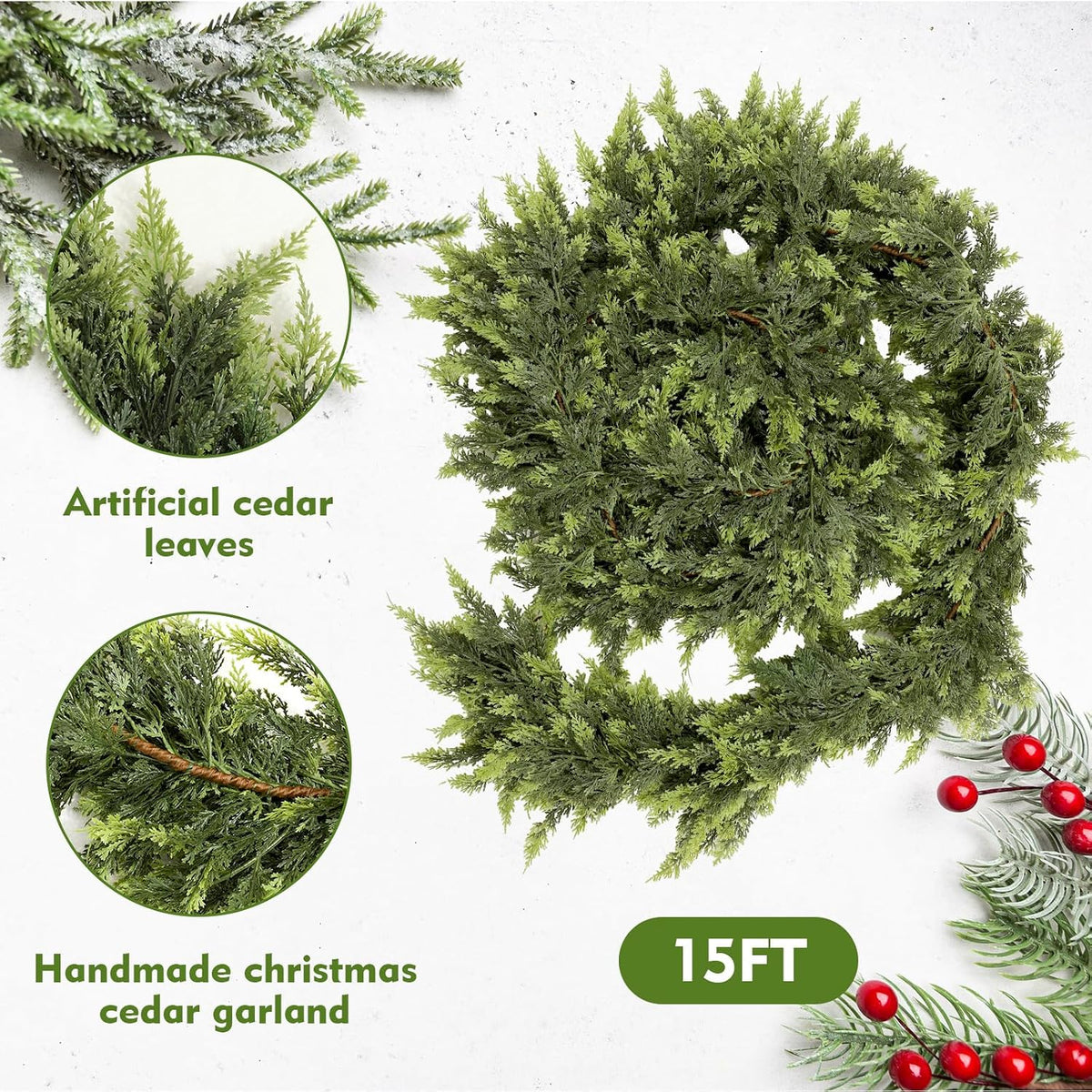 Whaline 15 Ft Christmas Norfolk Pine Garland Artificial Cedar Pine Garlands for Winter Xmas Indoor Outdoor Home Party