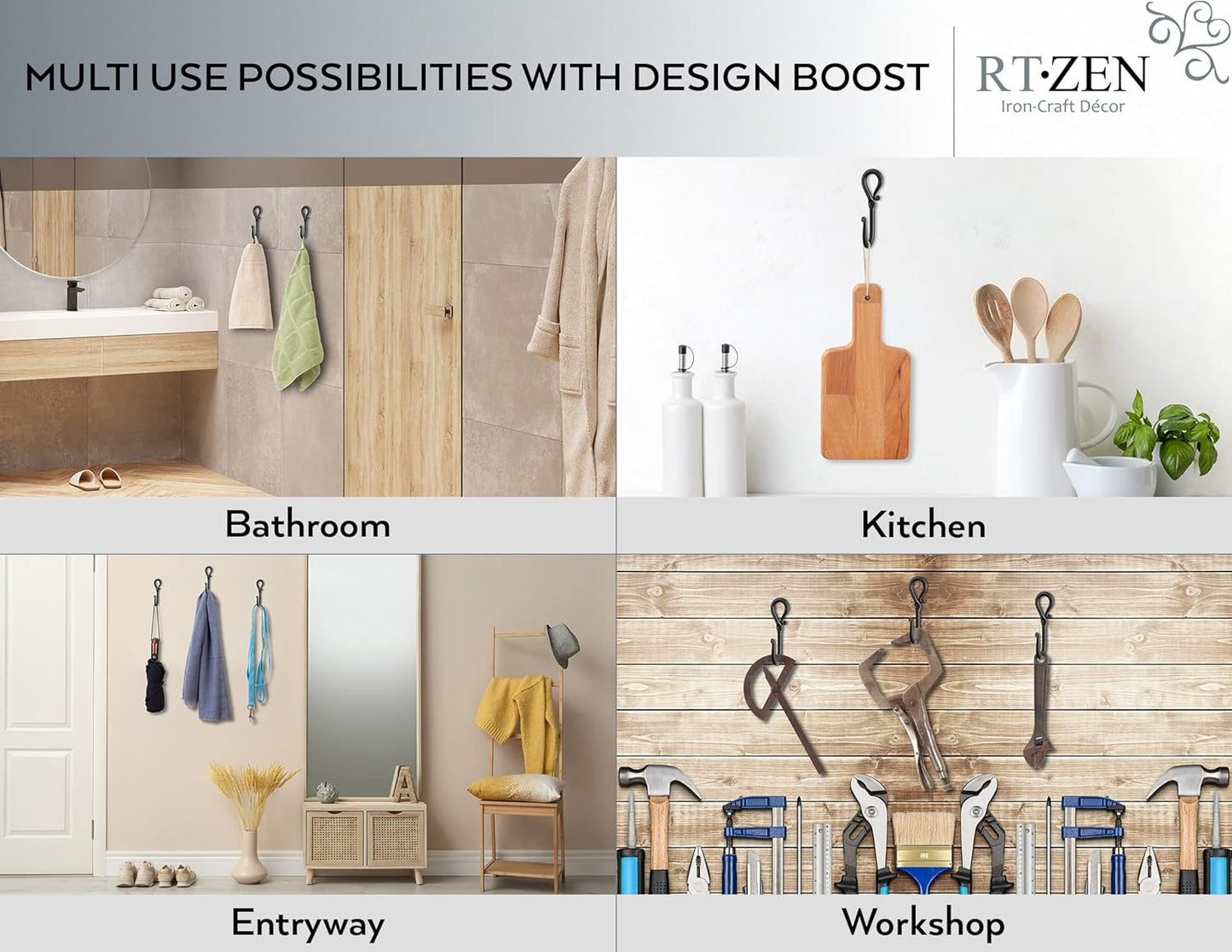 Wrought Iron Decorative Rustic Metal Coat Hooks for Hanging / Hook Loop