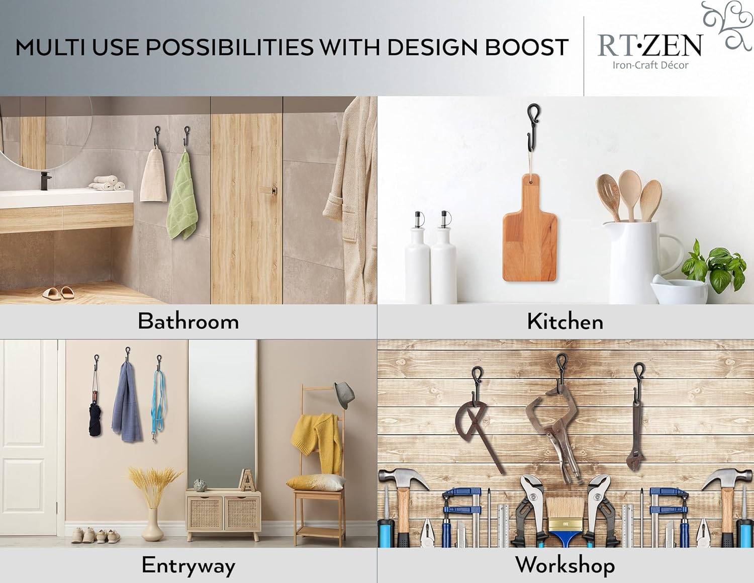 Wrought Iron Decorative Rustic Metal Coat Hooks for Hanging / Hook Loop