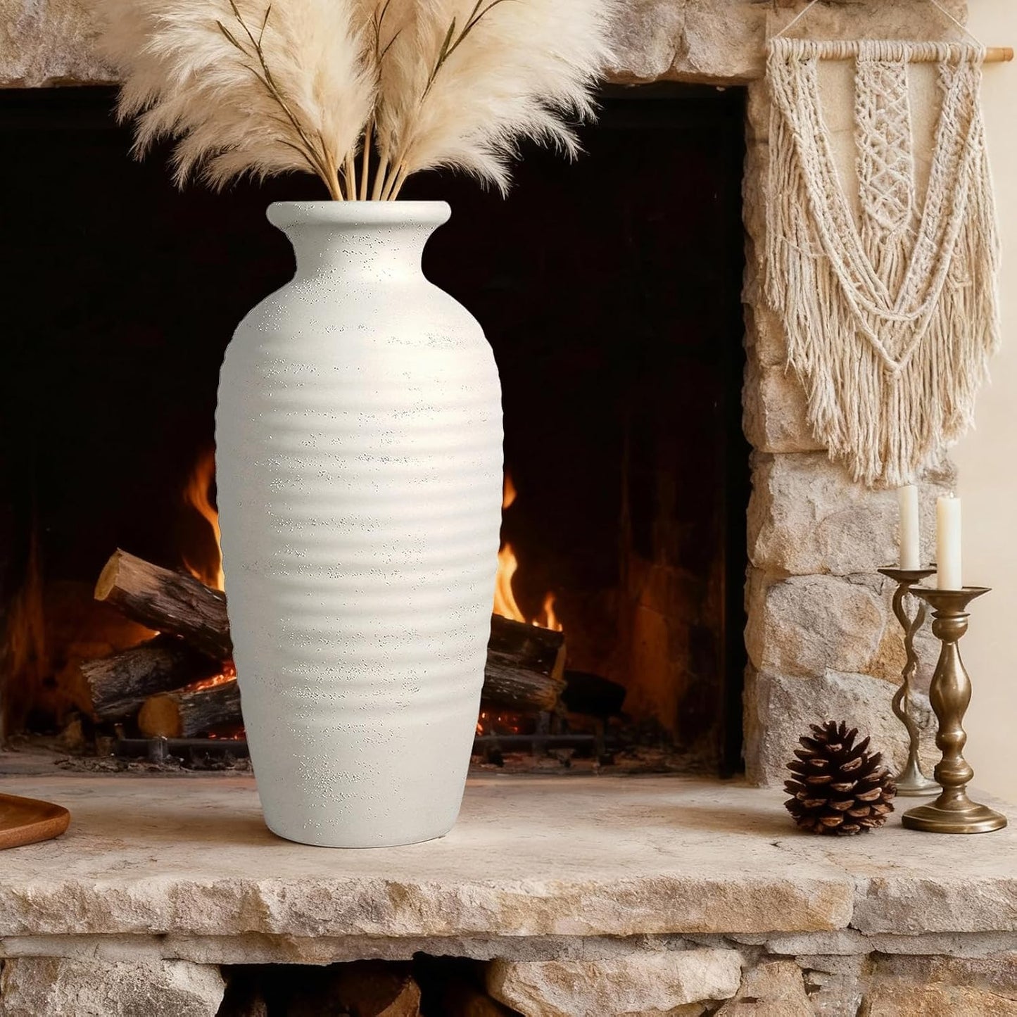 Tall Vintage Ceramic Vase / 14.4 In-rustic-cream / 14.4 Inch
