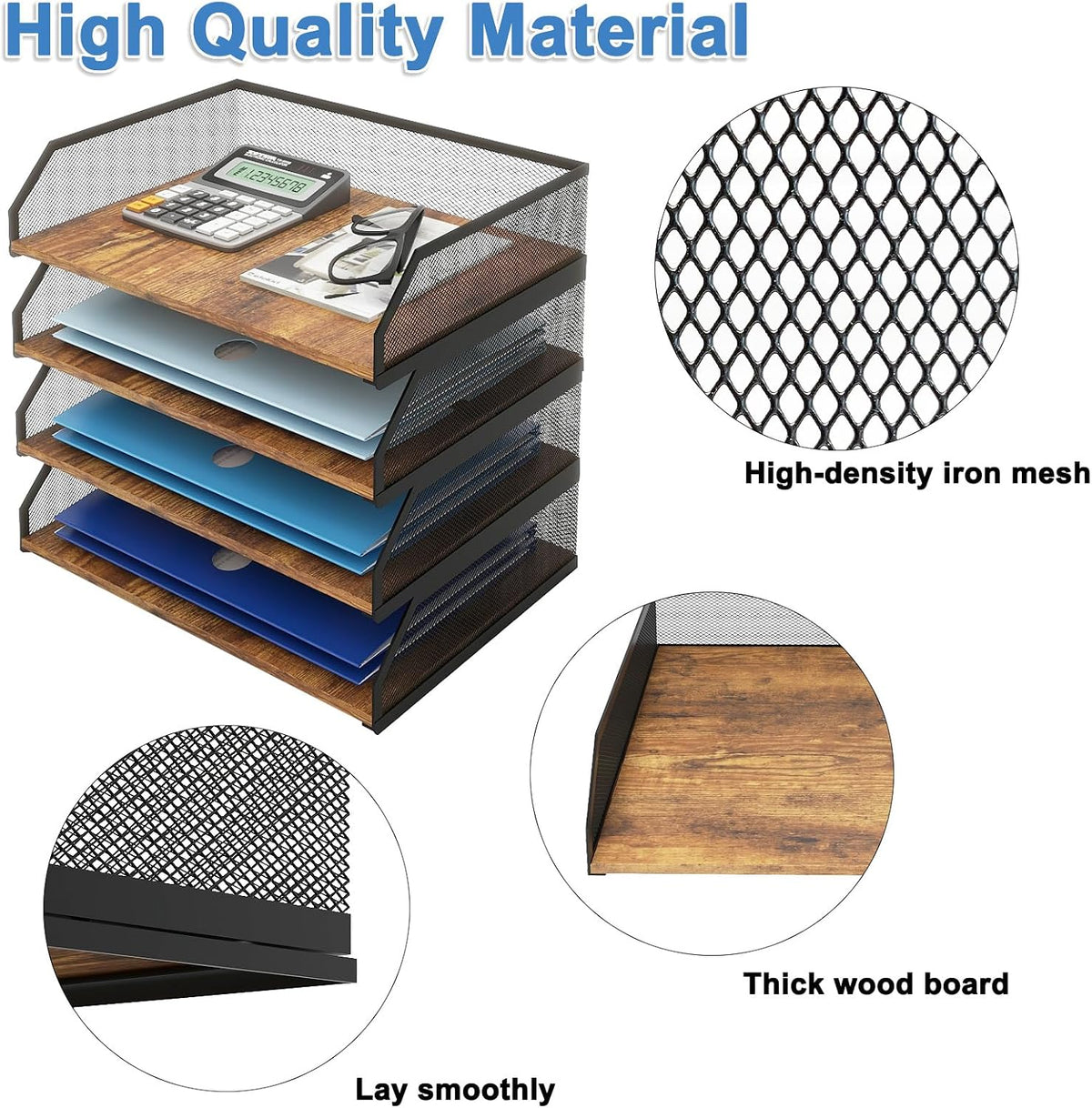 Natwind 4-Tier Stackable Metal Mesh Paper Organizer with Sliding Tray,Retro | Wooden Desk Organizer, Letter Tray For