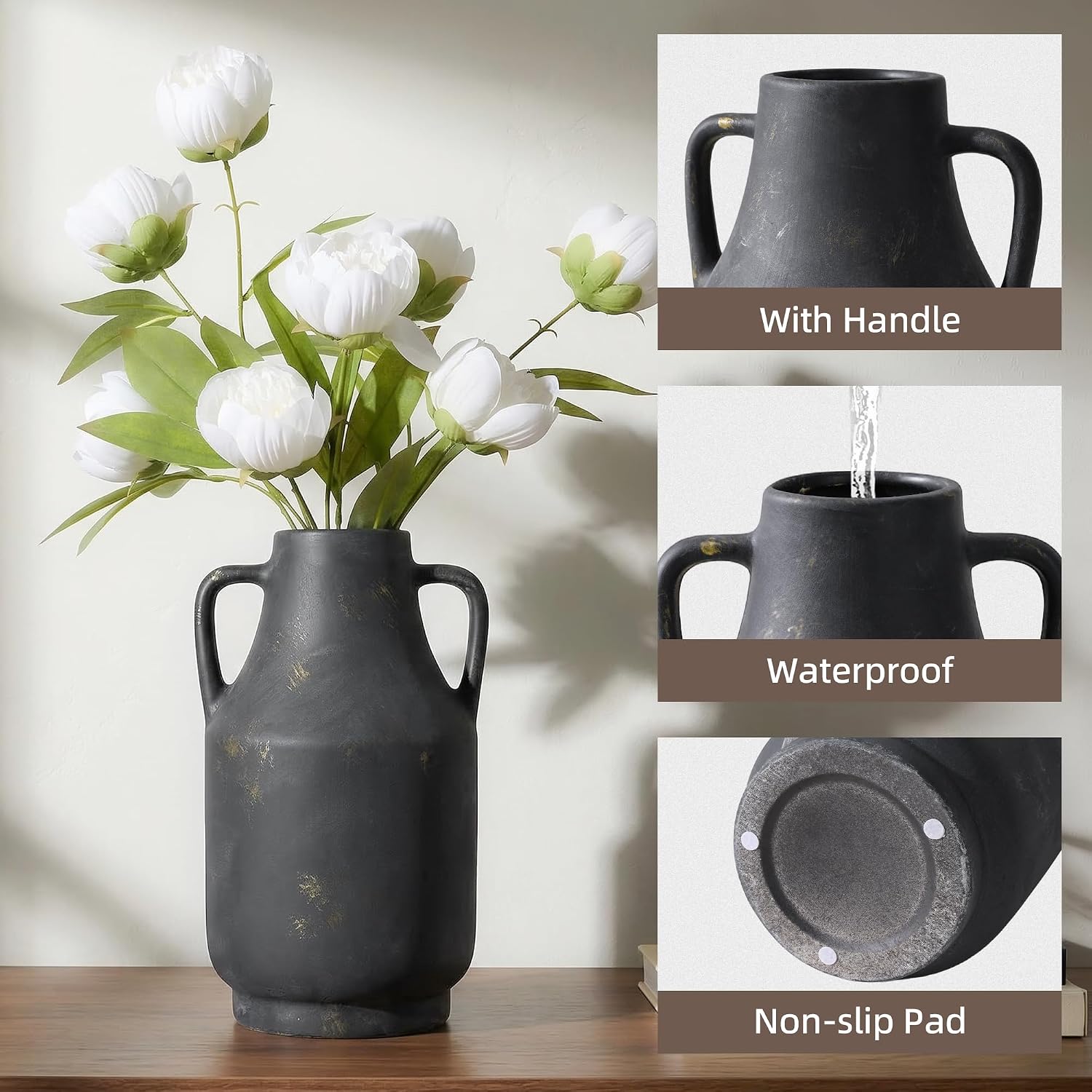 Ceramic Flower Vase / 11inch Black Gold / 11 Inch