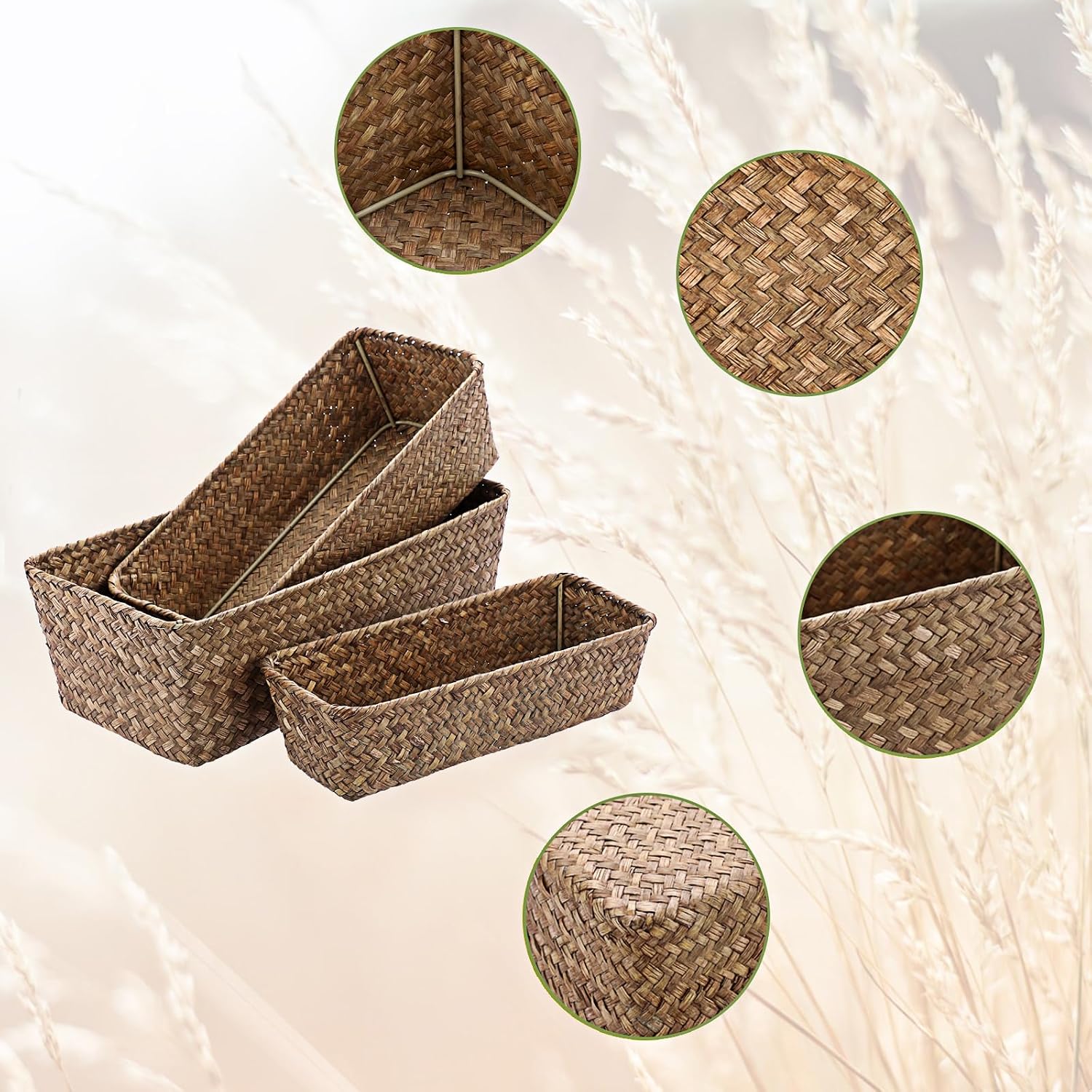 3 Wicker Basket Set Rectangular Handwoven Seagrass Basket Storage Bins / Coffee / Natural / Set of 3