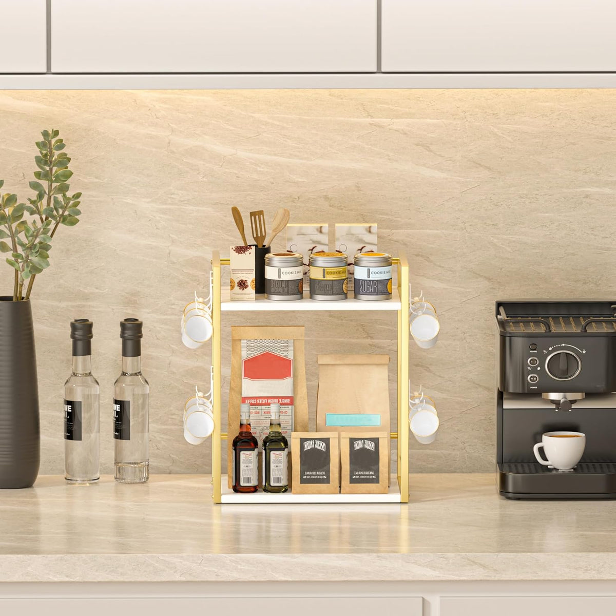 Dorhors Coffee Bar Organizer,Mug Holder,Station Organizer Kitchen Counter | 2 Tier Gold + White Wood Coffee Bar