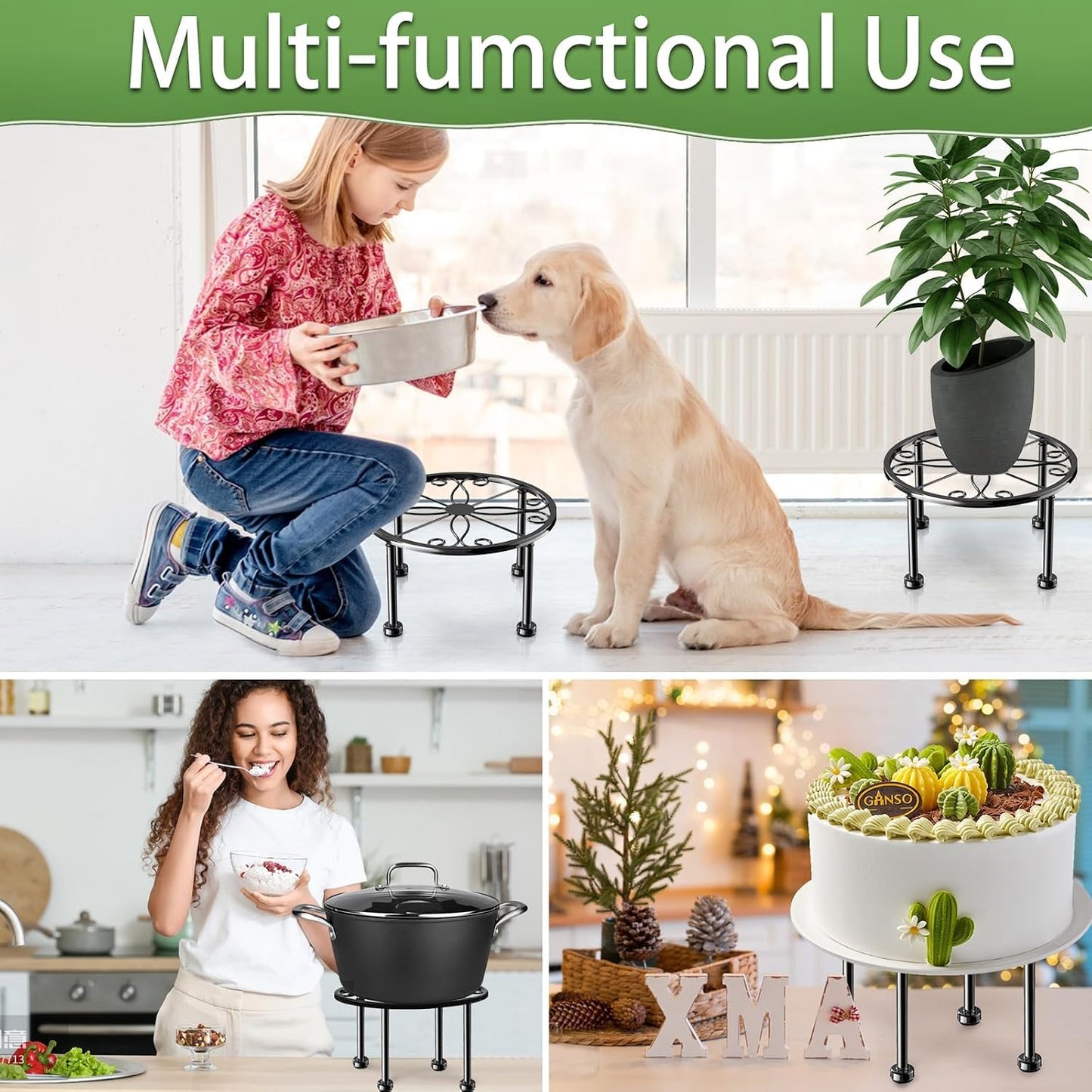 Garden Gifts Plant Lovers Gifts 3 Packs Black Metal Plant Stand with Anti-Slip Base Rustproof Heavy Duty Decorative