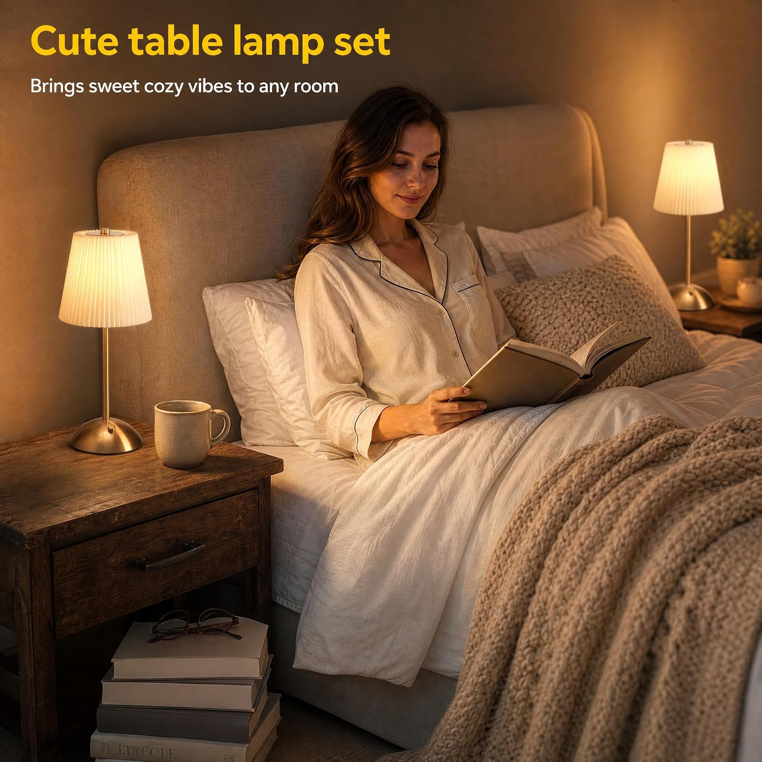 2-Pack Cordless Rechargeable Table Lamp, 3-Color Dimmable Touch Light | 3000mAh Battery Operated, Beige Fabric Shade