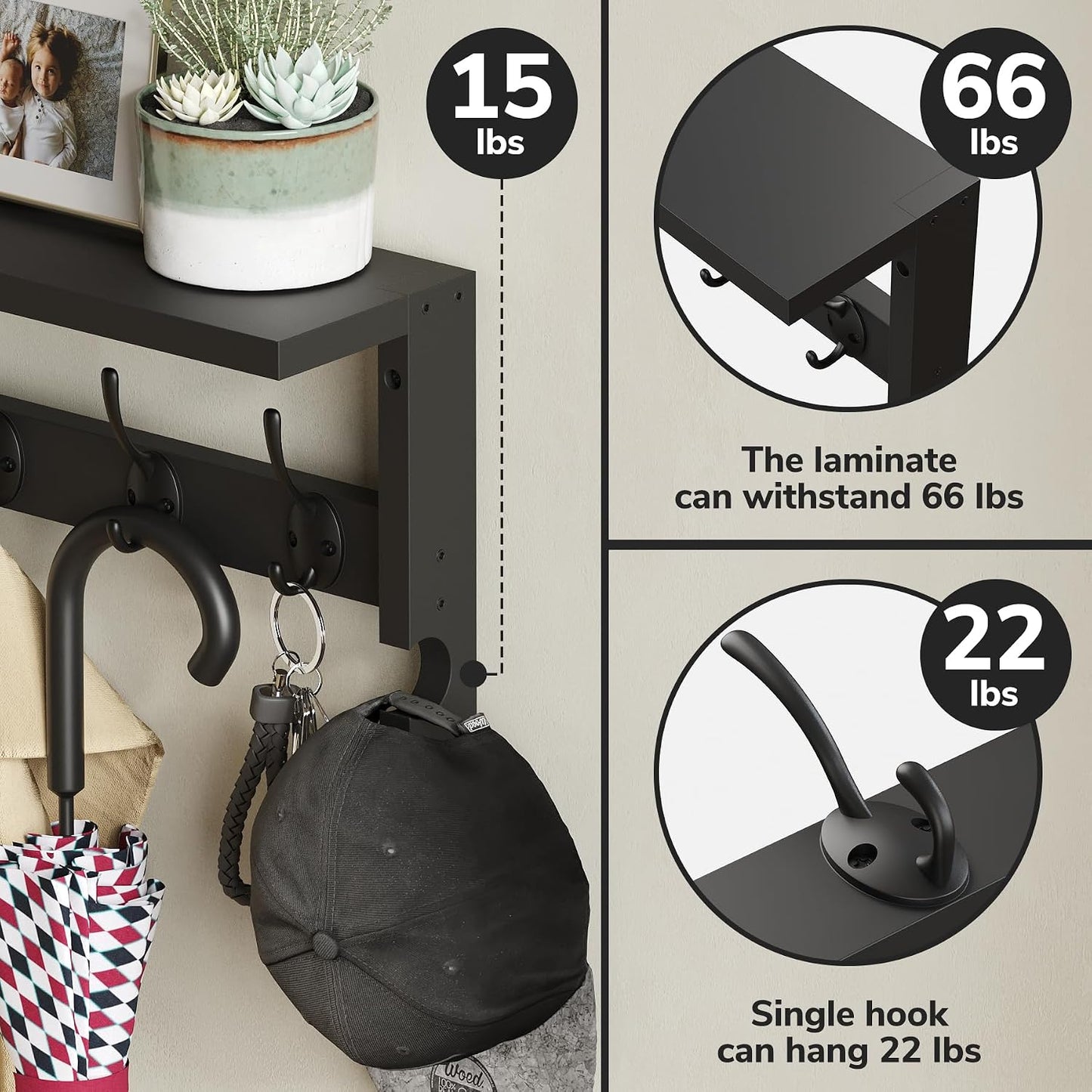AMBIRD Coat Rack Wall Mount with Shelf, 17.1 Inches Coat Hooks Wall Mounted, Hat Wall Hooks for Hanging in Entryway