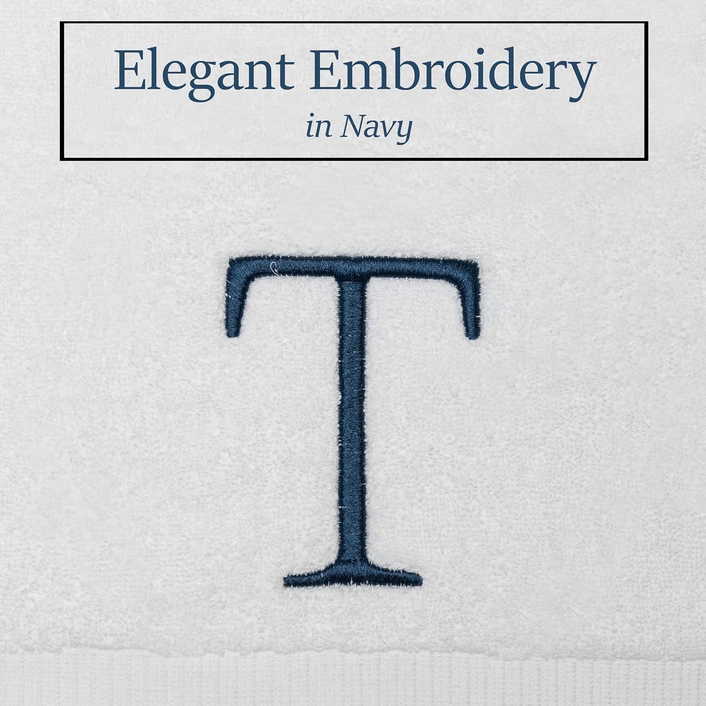 White with Navy Monogrammed Hand Towels for Bathroom - Set of 2 Letter T | Luxury Hotel Quality Initial Towels For