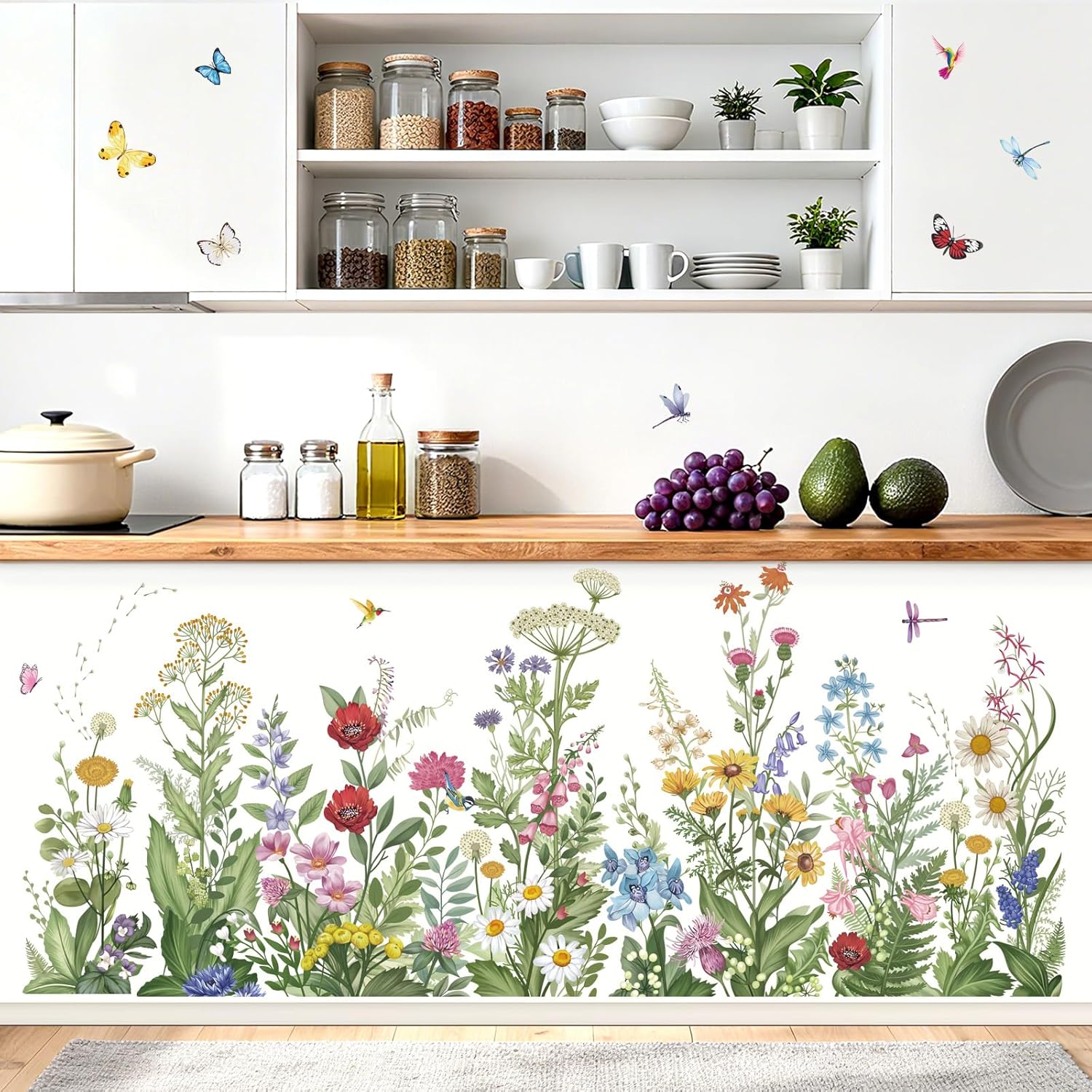Plants Wild Flowers Wall Stickers Grass Floral Leaves Butterflies Peel and Stick Wall Art / Green