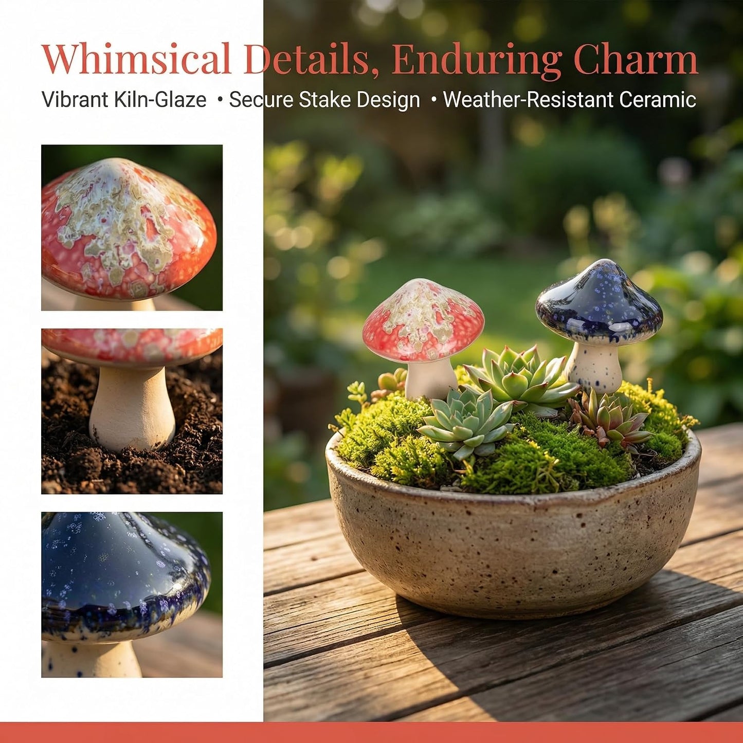 Ceramic Mushroom Garden Decor Kiln Transformed Mushroom Figurines / Set of 4