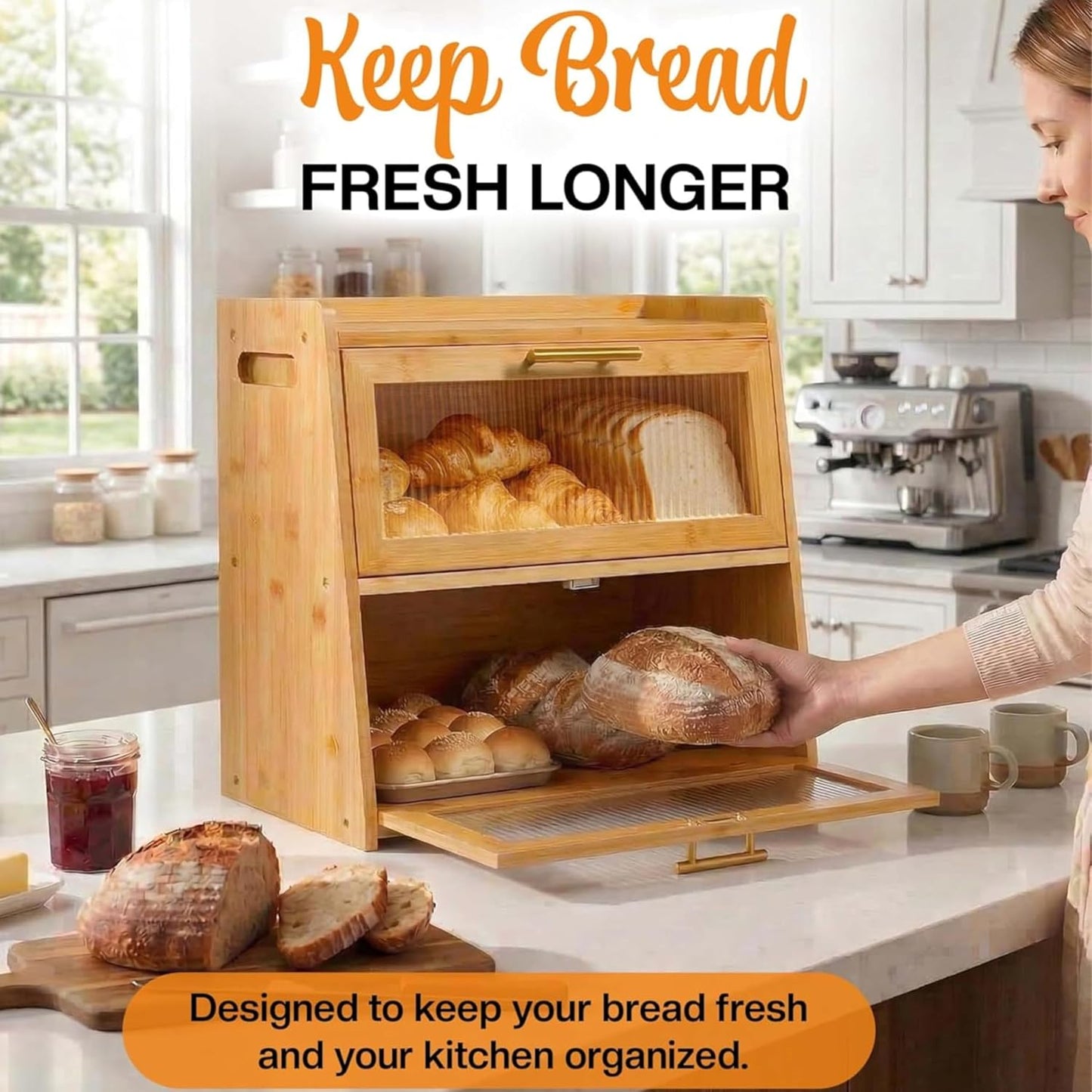 Extra Large Bamboo Bread Box for Kitchen Countertop, Double Layer Wooden Breadbox Holds Multiple Loaves of Homemade