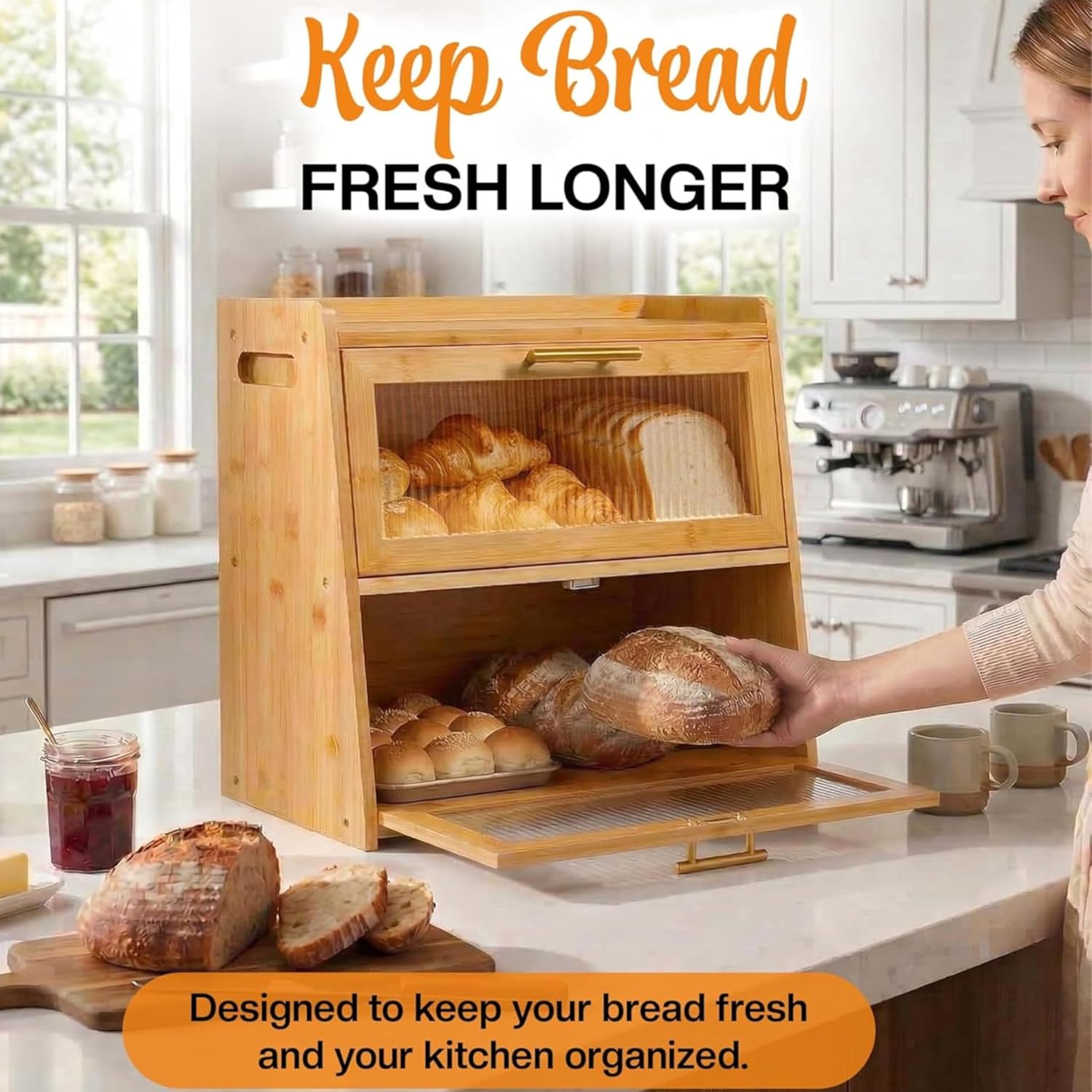 Extra Large Bamboo Bread Box for Kitchen Countertop, Double Layer Wooden Breadbox Holds Multiple Loaves of Homemade