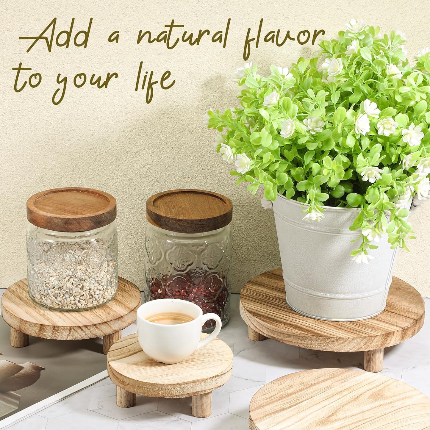 Wood Stool Round Pedestal Stand 8/7/6/ Mini Rustic Tiered Tray Riser Flower Pot / 5 Inch / Set of 4