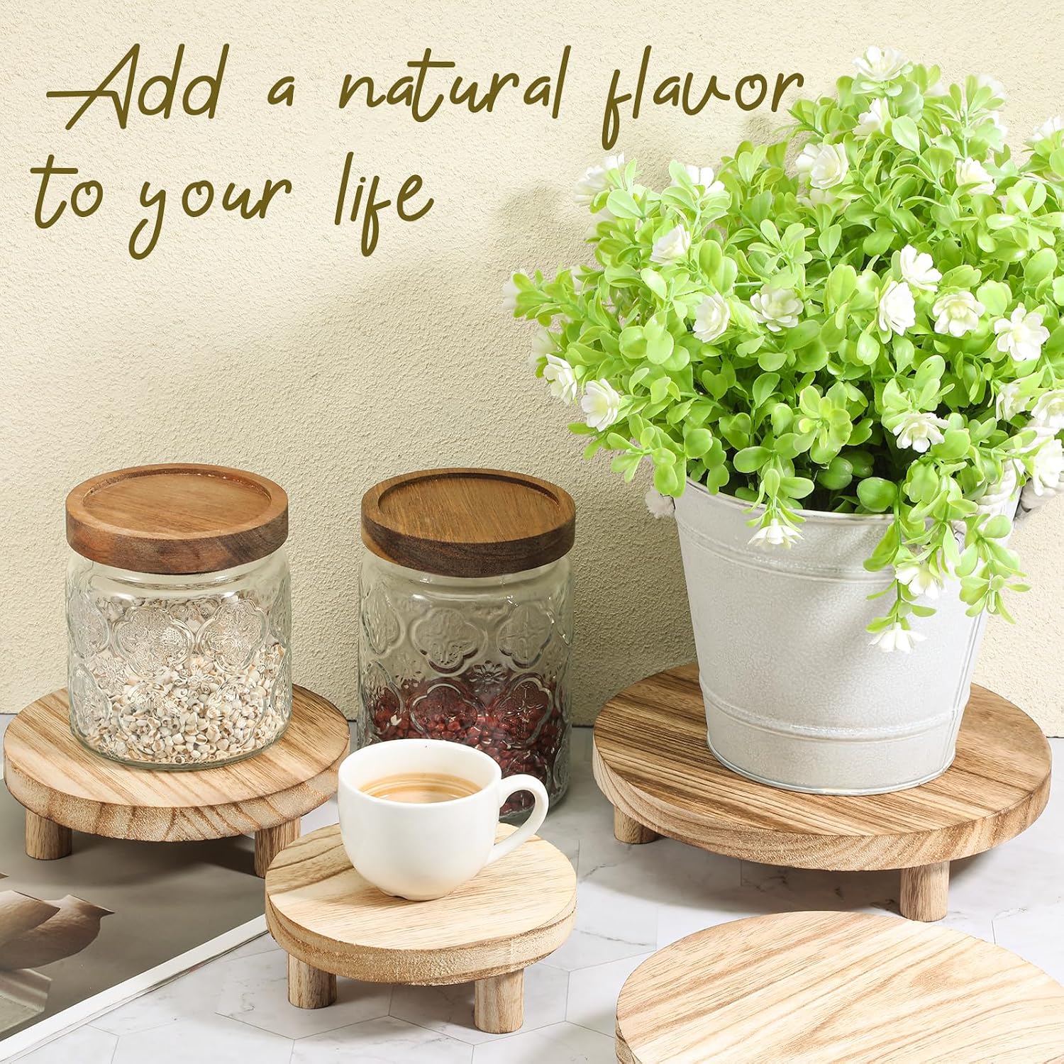Wood Stool Round Pedestal Stand 8/7/6/ Mini Rustic Tiered Tray Riser Flower Pot / 5 Inch / Set of 4