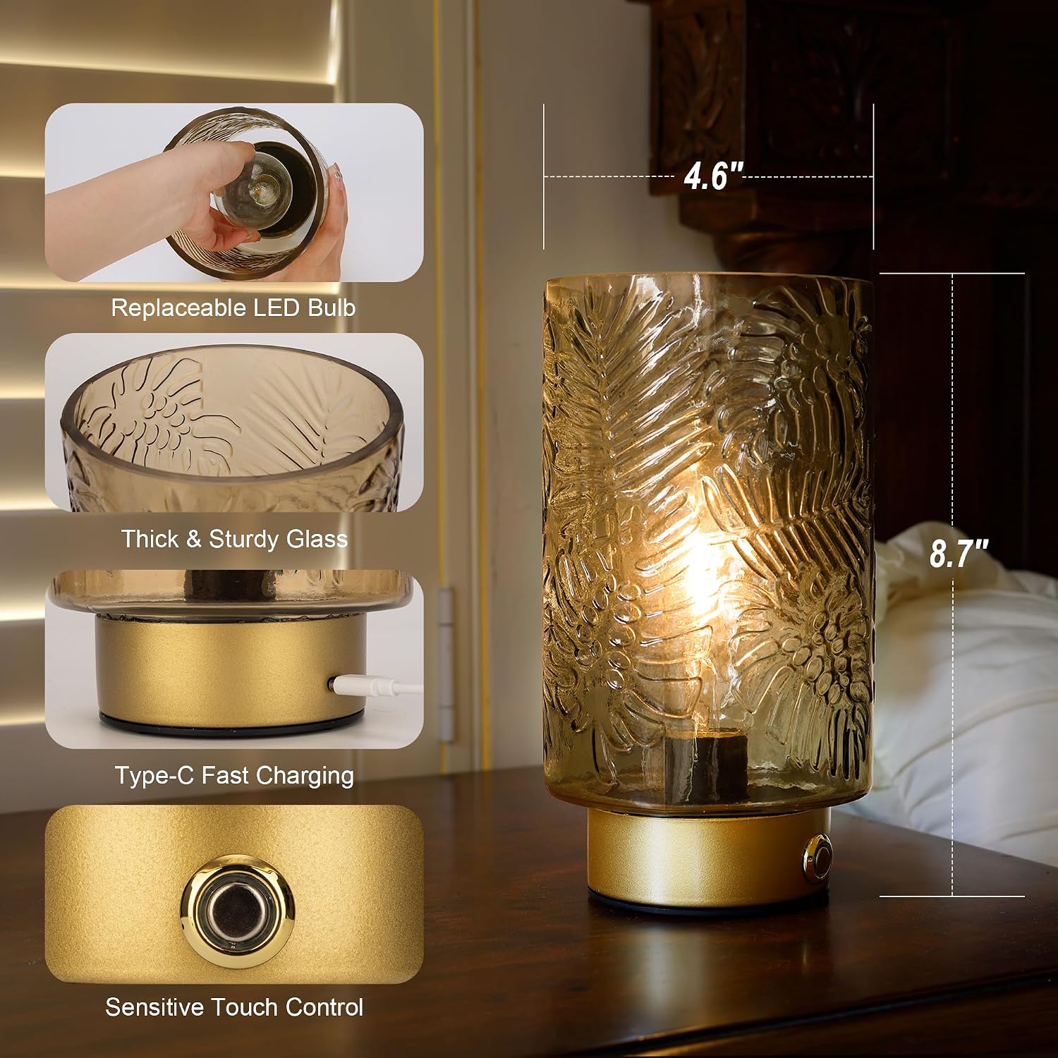 ULAROOM Cordless Lamps Rechargeable Battery Operated lamp,Glass Table Lamp Remote Control-Dimmable Brightness Touch