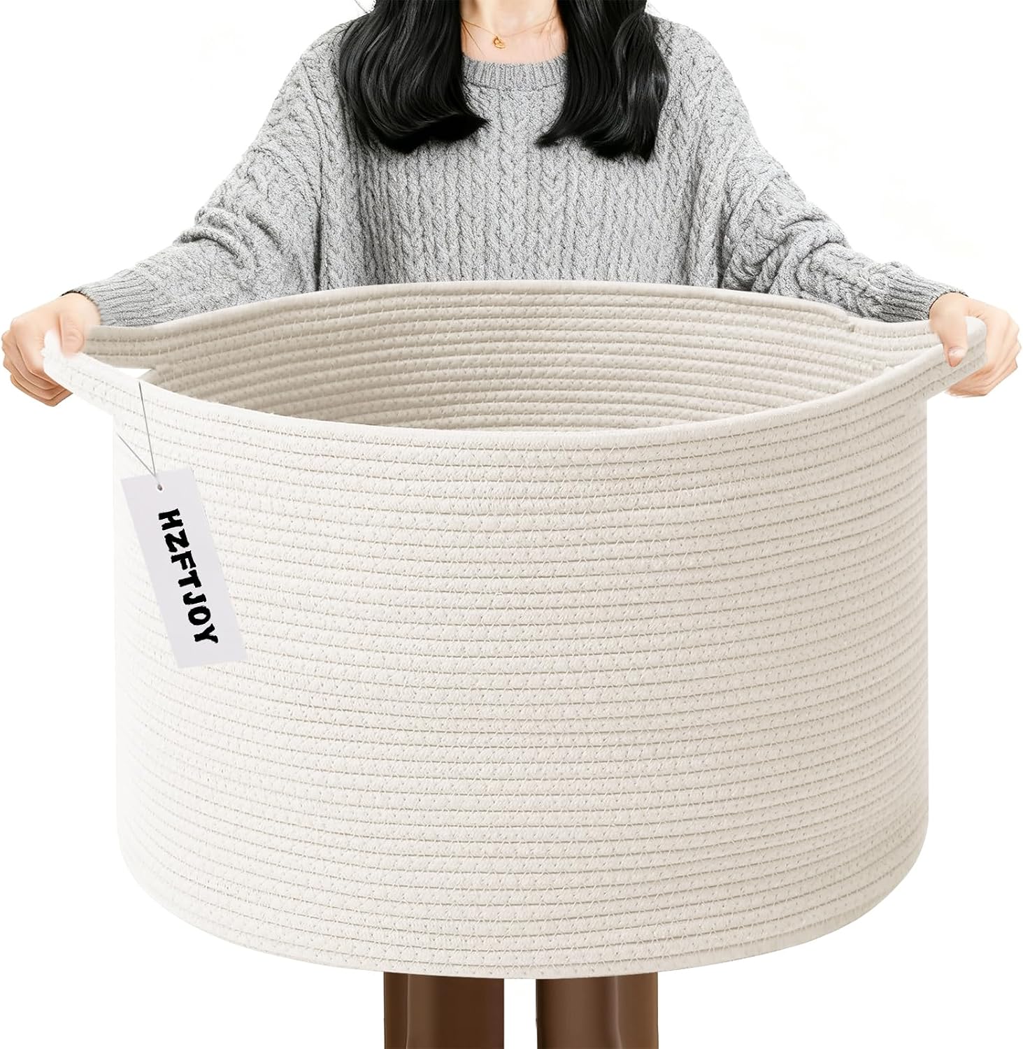 90L Large Blanket Basket,Rope WovenLaundry Basket-White