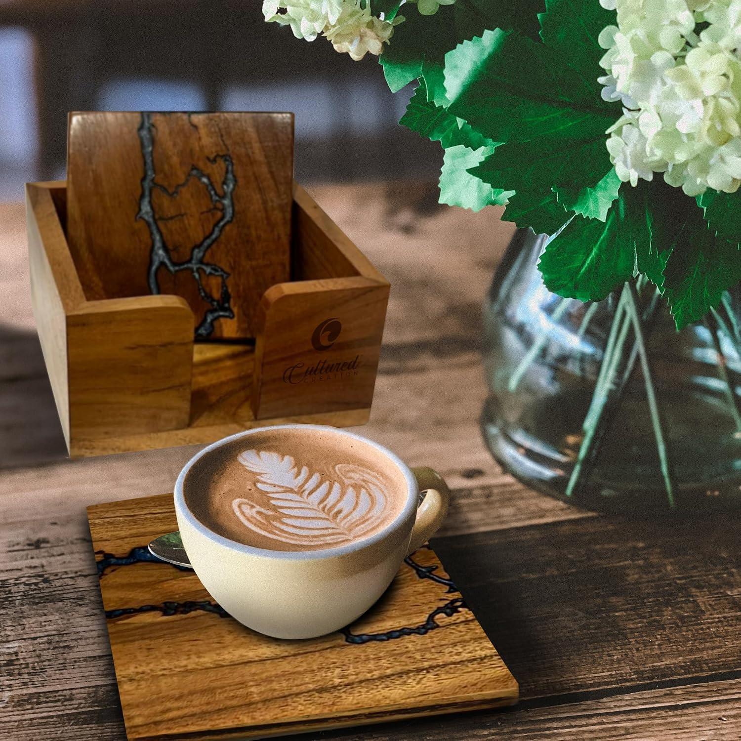 Epoxy Resin and Wood Coaster Set / Fractal Burning Blue