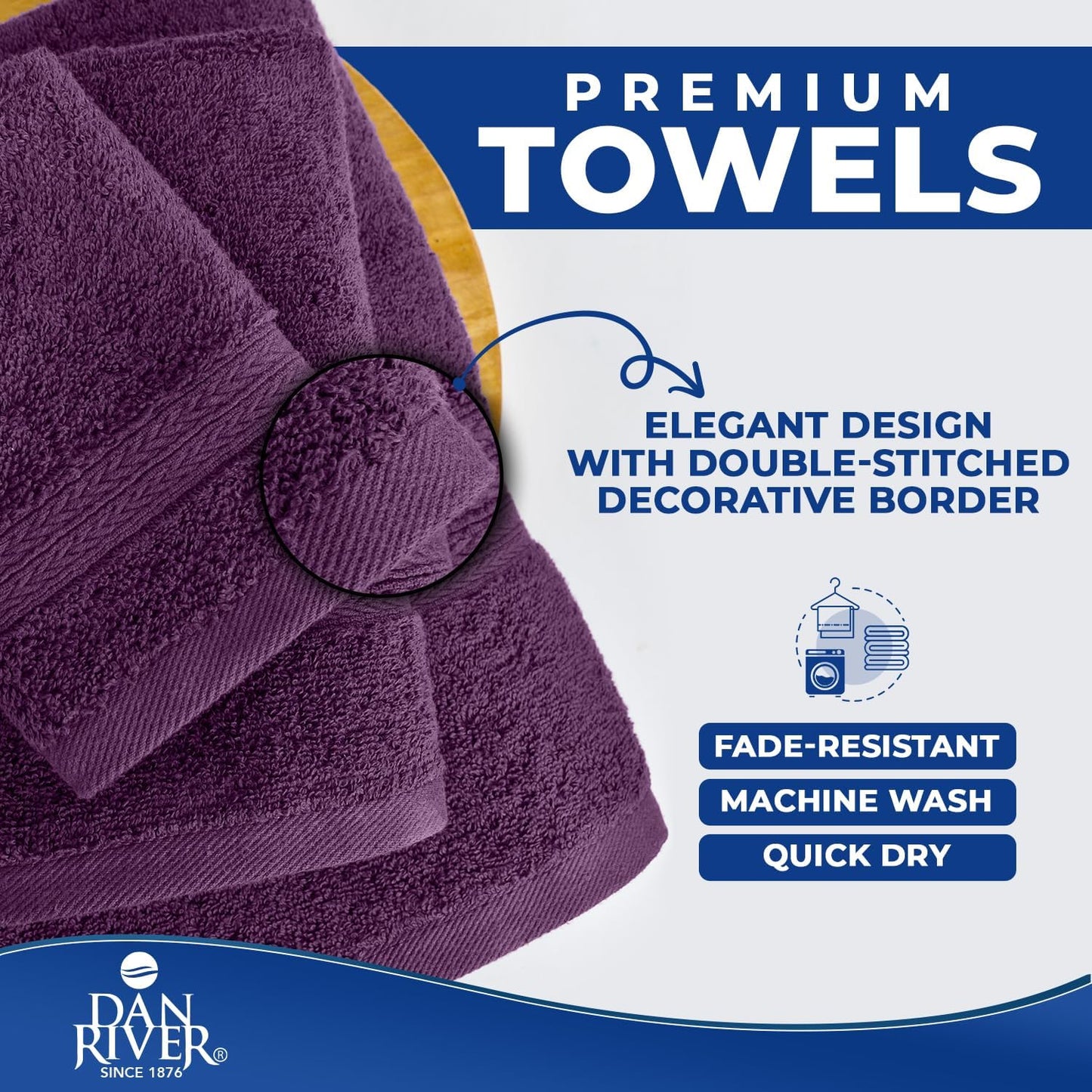 DAN RIVER 8 Piece Luxury Bath Towels for Bathroom, Towel Set, Purple | 2 Bath towels, 2 Hand towels, and 4 Wash Cloths
