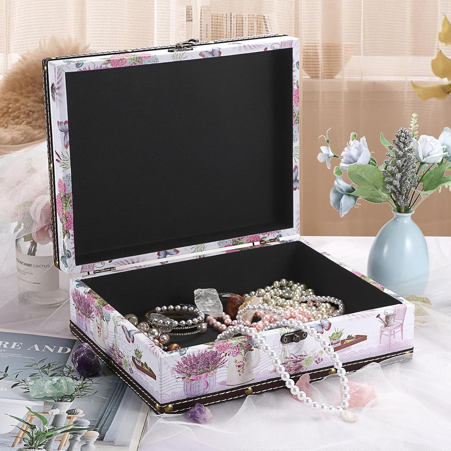 Wooden Treasure Chest Box / Lavender Pattern