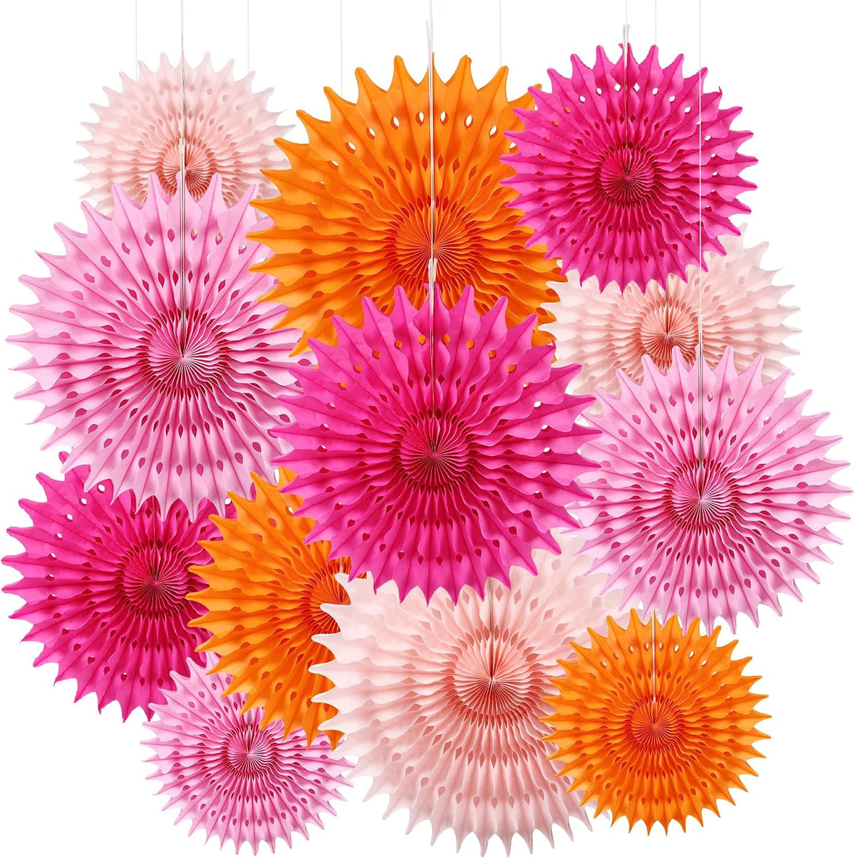 12PCS Paper Fans Orange and Hot Pink Party Decorations Tissue Paper Flowers Decorations for Girl Groovy Birthday Baby Shower Wedding Bachelorette Room Wall Hanging Décor