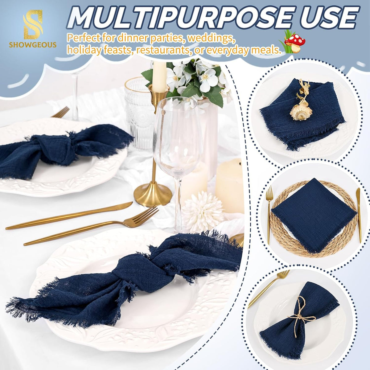Showgeous 30 Pack Navy Blue Cloth Napkins with Fringe, 16x16 inch | 100% Cotton Blue Napkins Handmade Dinner Napkins