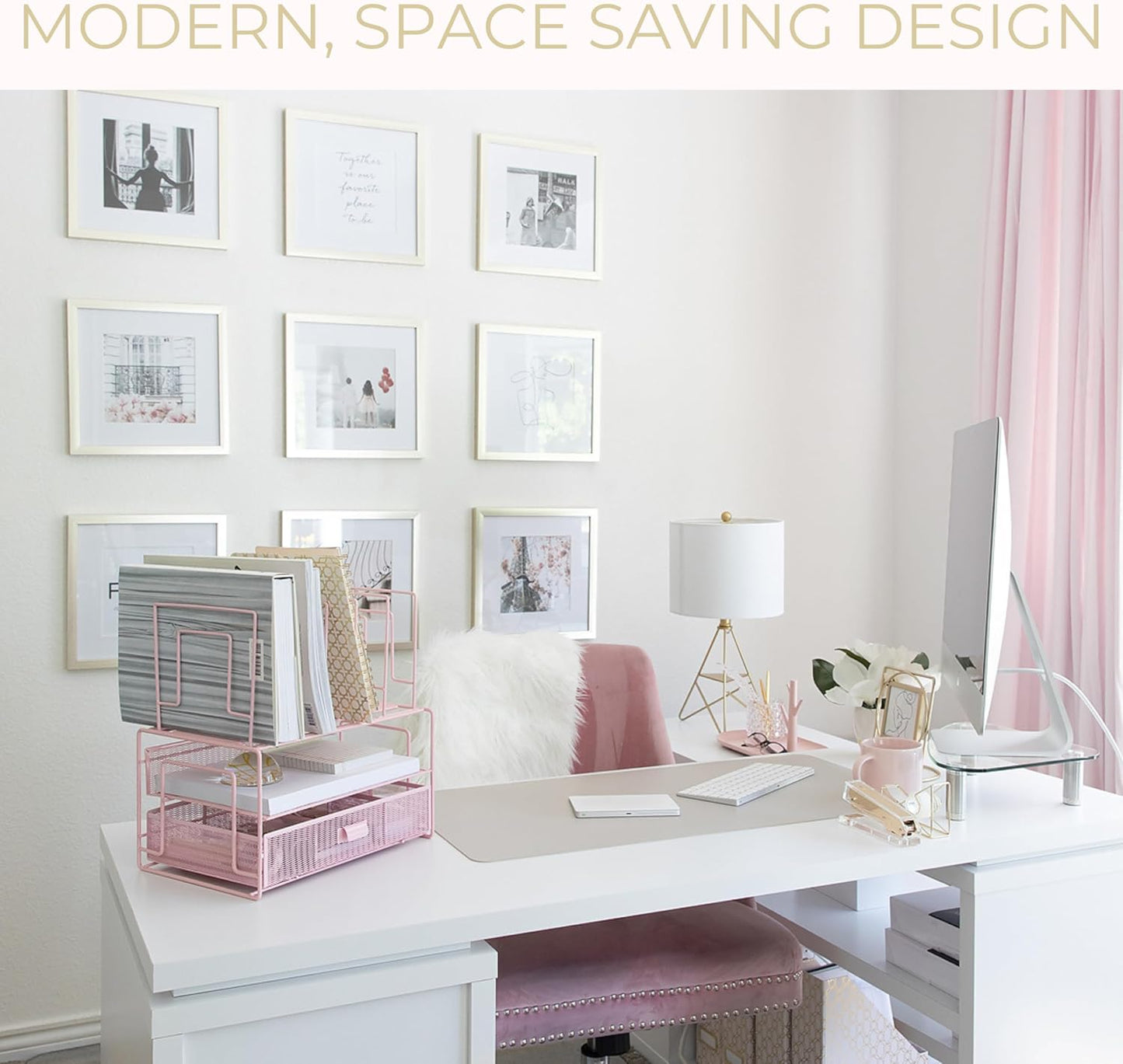 BLU MONACO | Pink Desk Organizer with Drawer | Wire Mesh Desk Organizer File Sorter | Metal Desktop Storage for Office