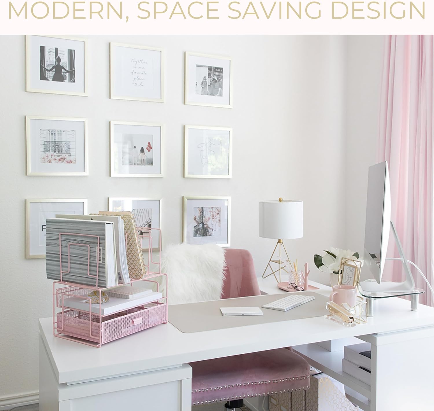 BLU MONACO | Pink Desk Organizer with Drawer | Wire Mesh Desk Organizer File Sorter | Metal Desktop Storage for Office