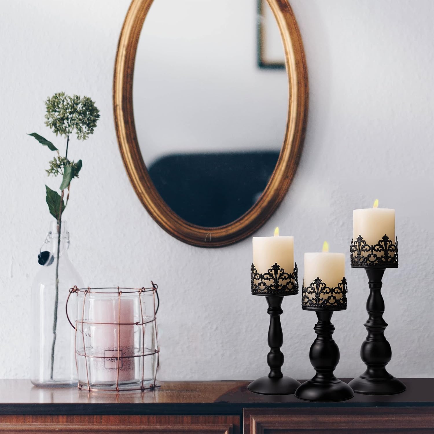 BANOMII Vintage Pillar Candle Holders for Table Centerpiece Set of 3-11'' 9'' 8'' - Matte Black Metal Candle Stands